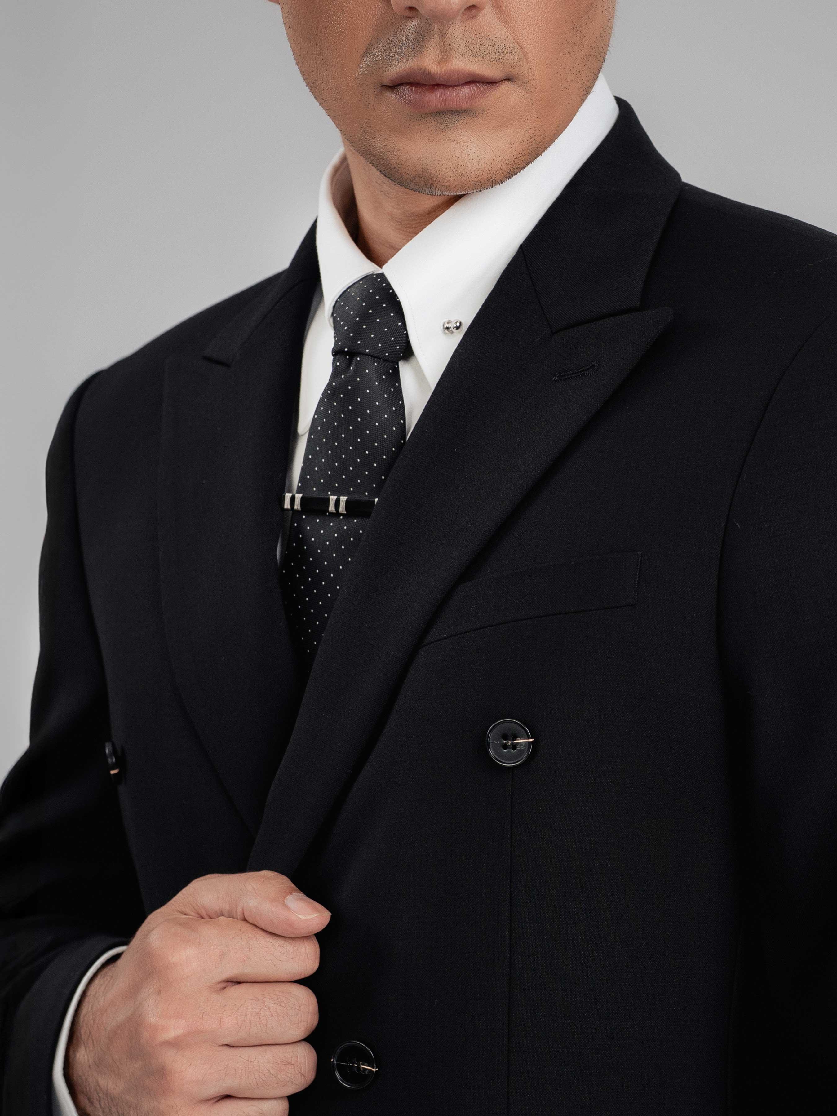 DoubleBreastedSuitBlazerJetBlackPlainPeakLapelCollar - Zeve