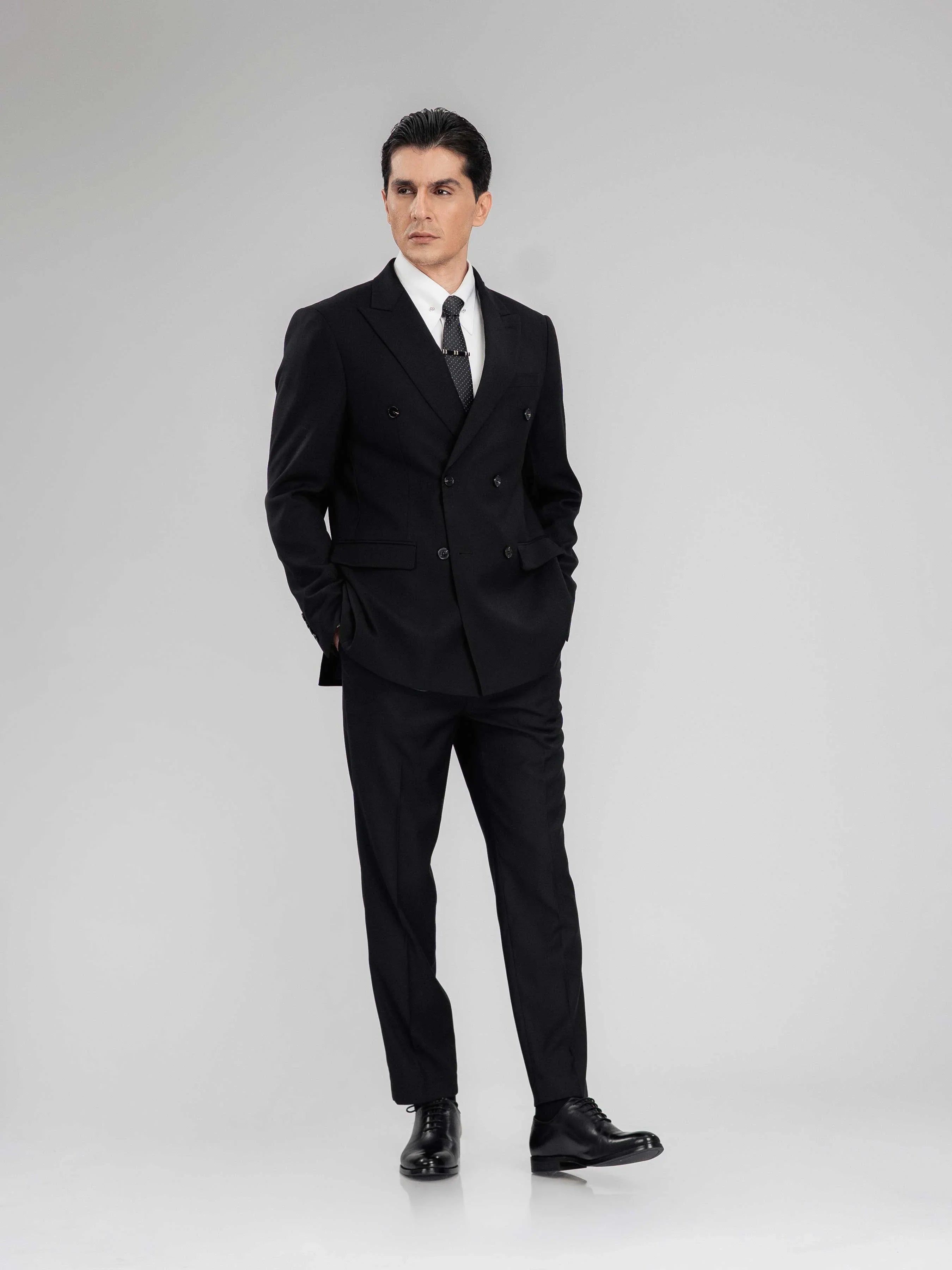 DoubleBreastedSuitBlazerJetBlackPlainPeakLapelFull2 - Zeve