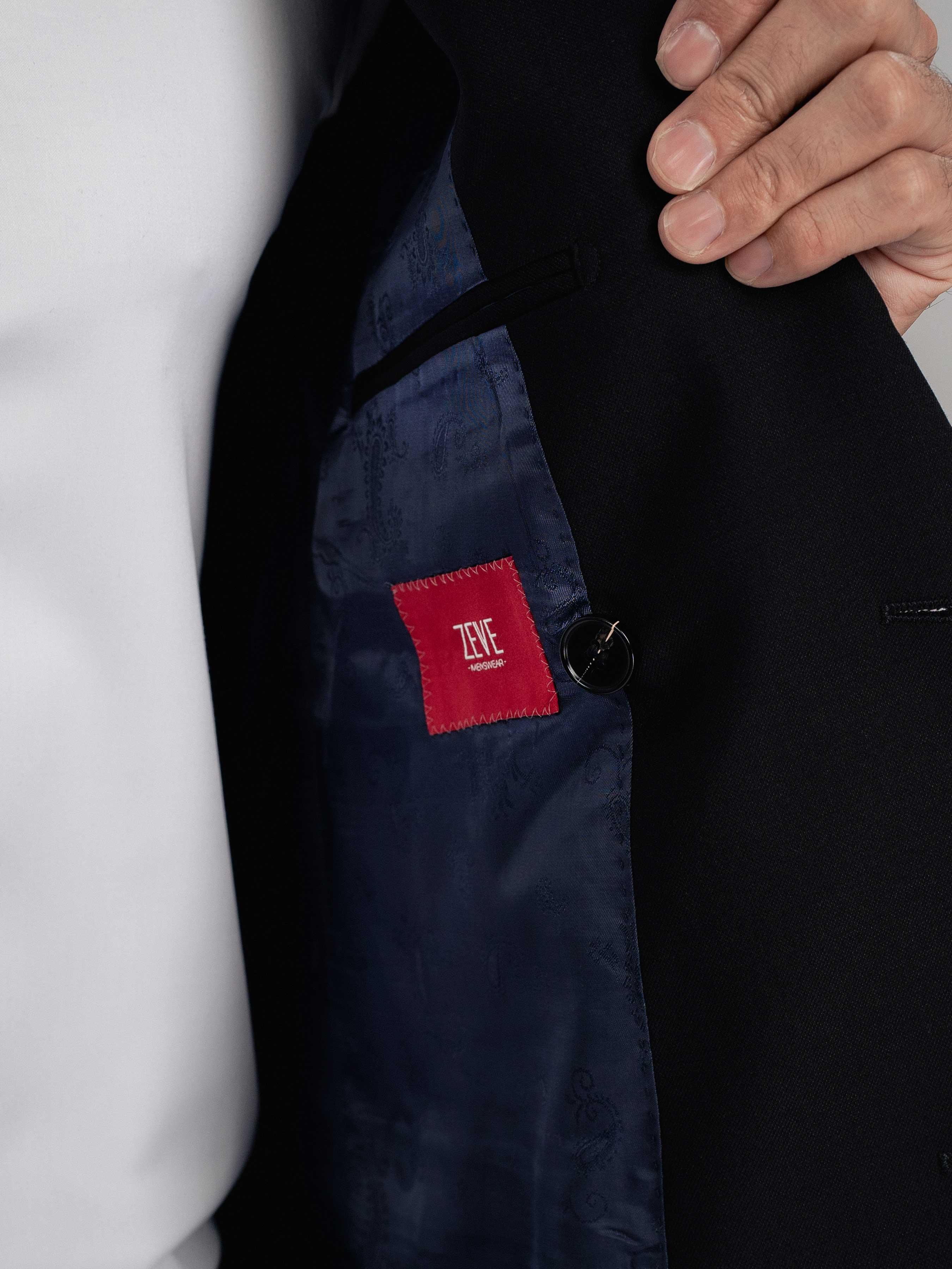 DoubleBreastedSuitBlazerJetBlackPlainPeakLapelInsidePocket - Zeve