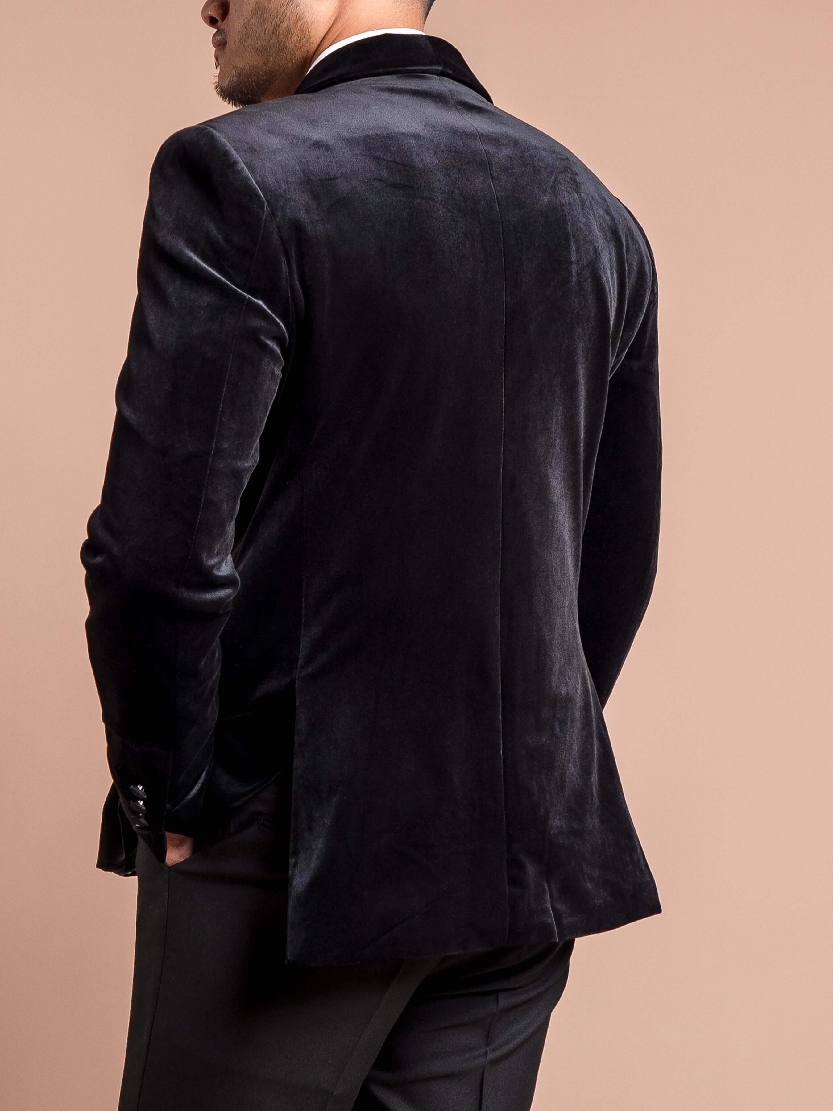 Double Breasted Tuxedo Blazer - Velvet Black Plain (Shawl Lapel)