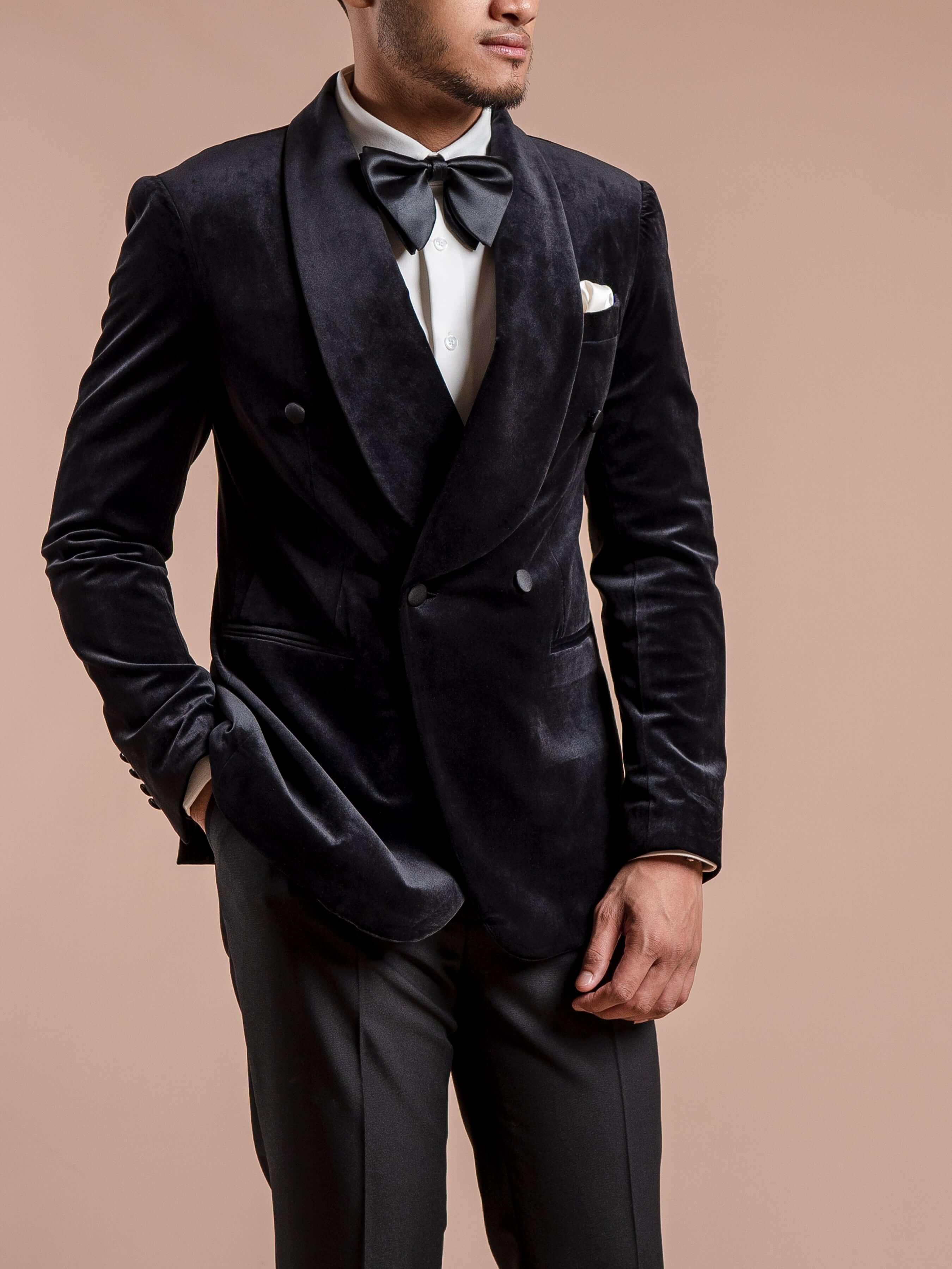 Double Breasted Tuxedo Blazer - Velvet Black Plain (Shawl Lapel)