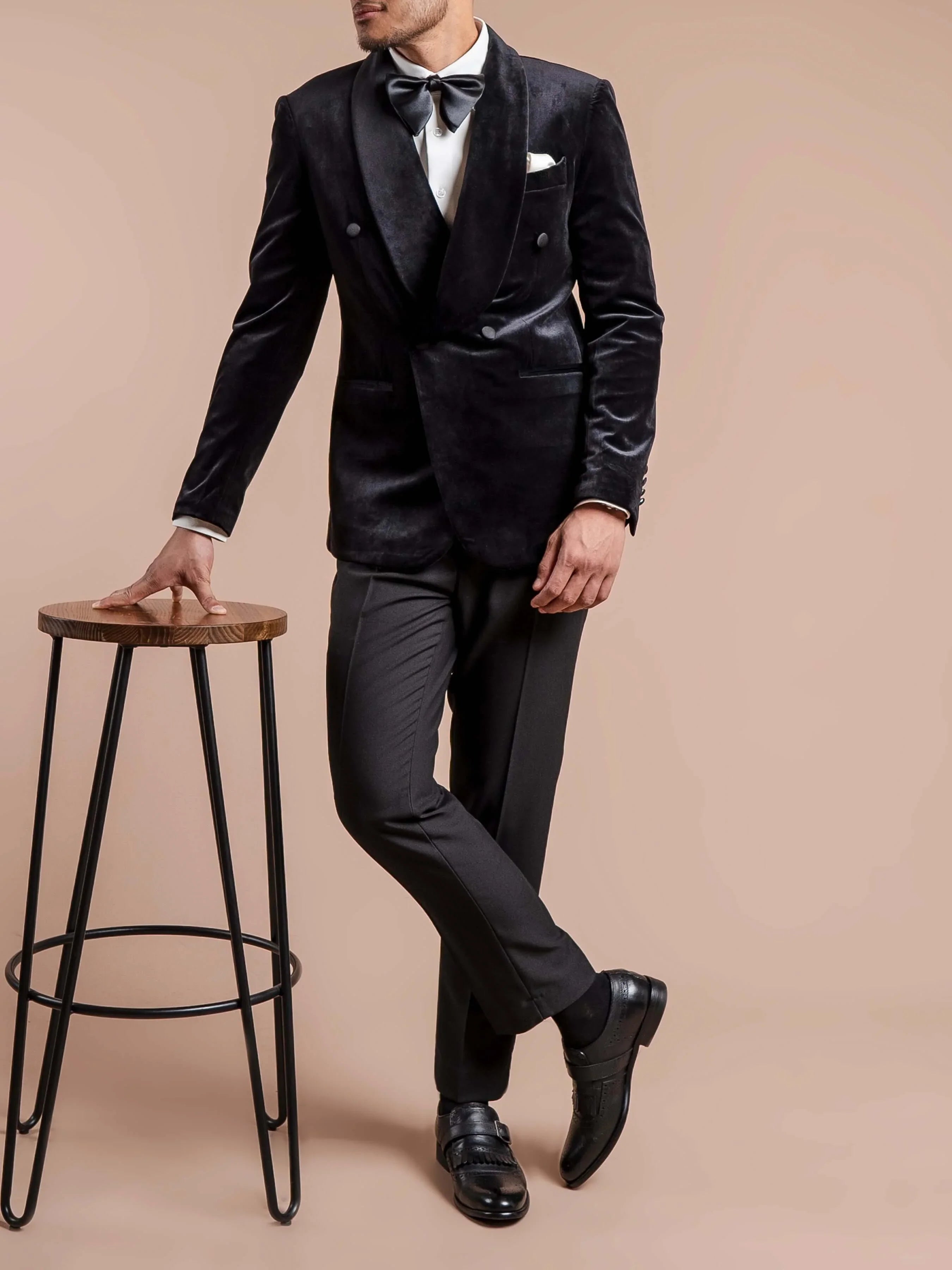Double Breasted Tuxedo Blazer - Velvet Black Plain (Shawl Lapel)