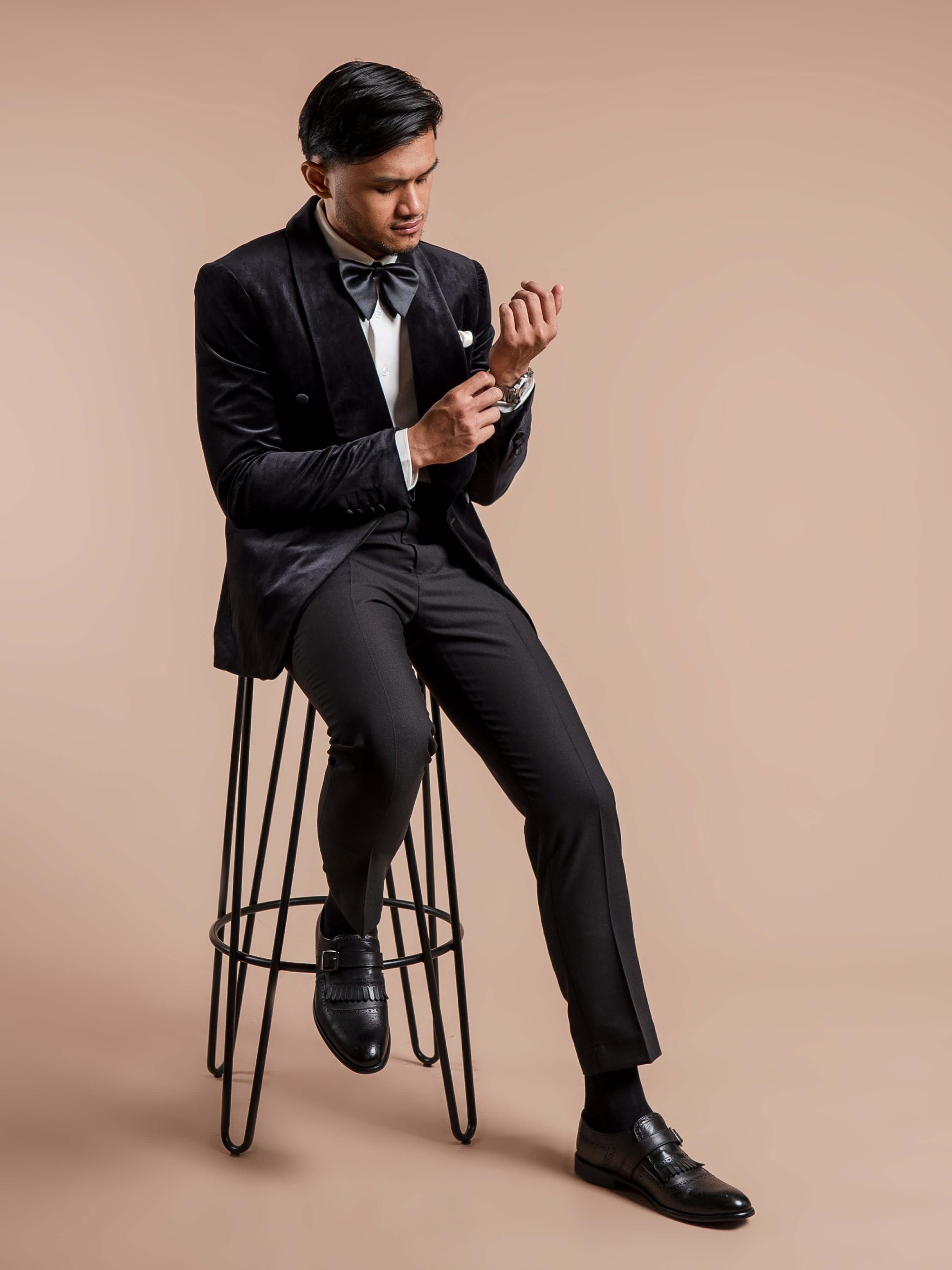 Double Breasted Tuxedo Blazer - Velvet Black Plain (Shawl Lapel)