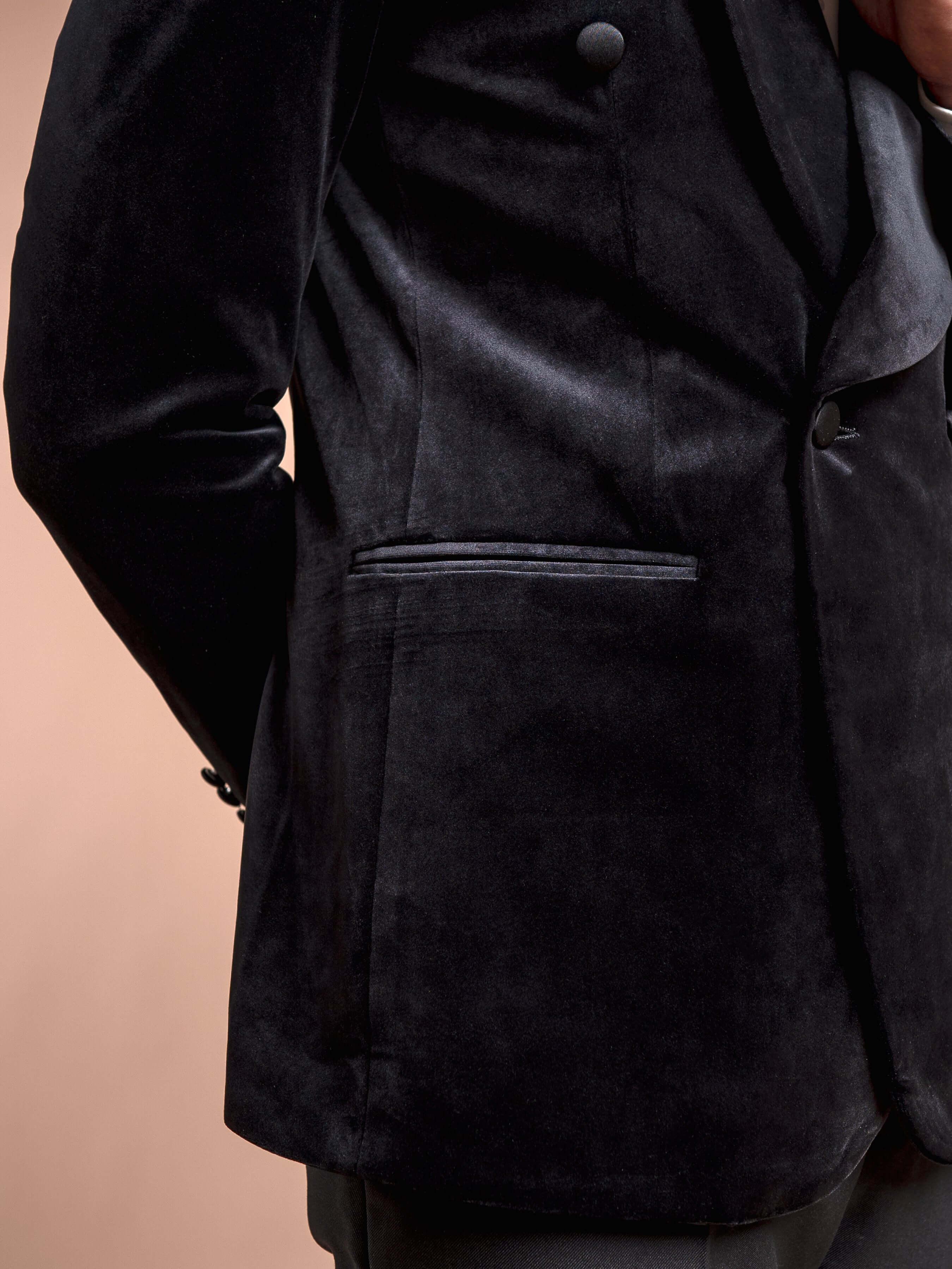 Double Breasted Tuxedo Blazer - Velvet Black Plain (Shawl Lapel)