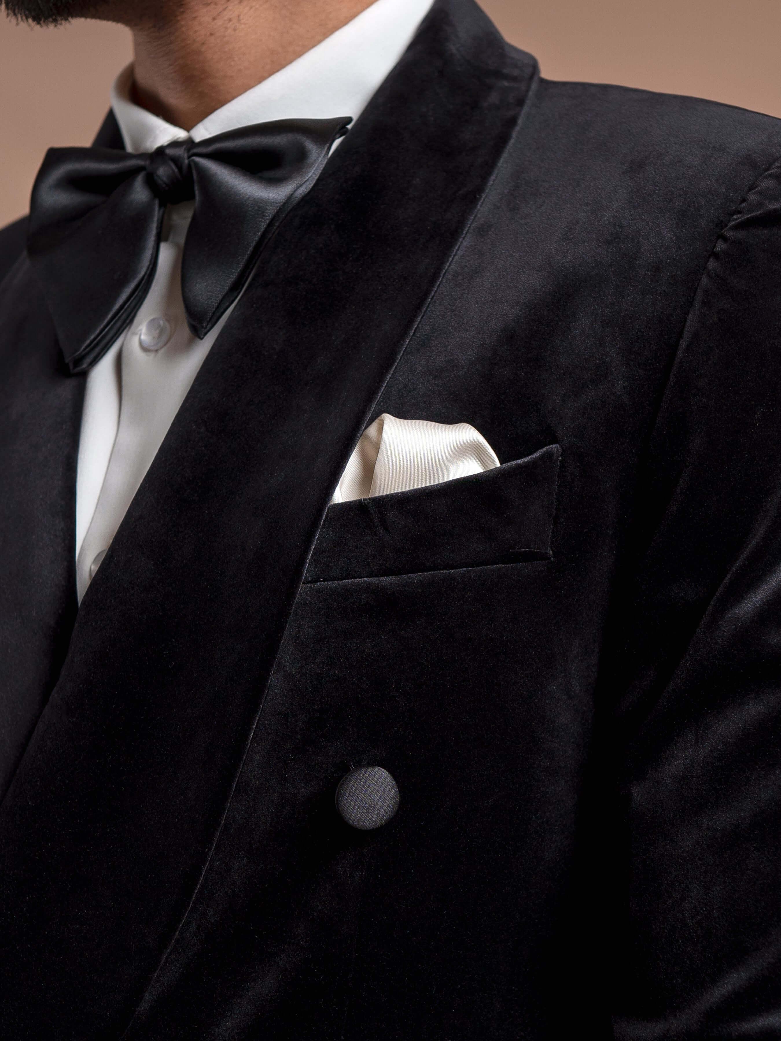 Double Breasted Tuxedo Blazer - Velvet Black Plain (Shawl Lapel)