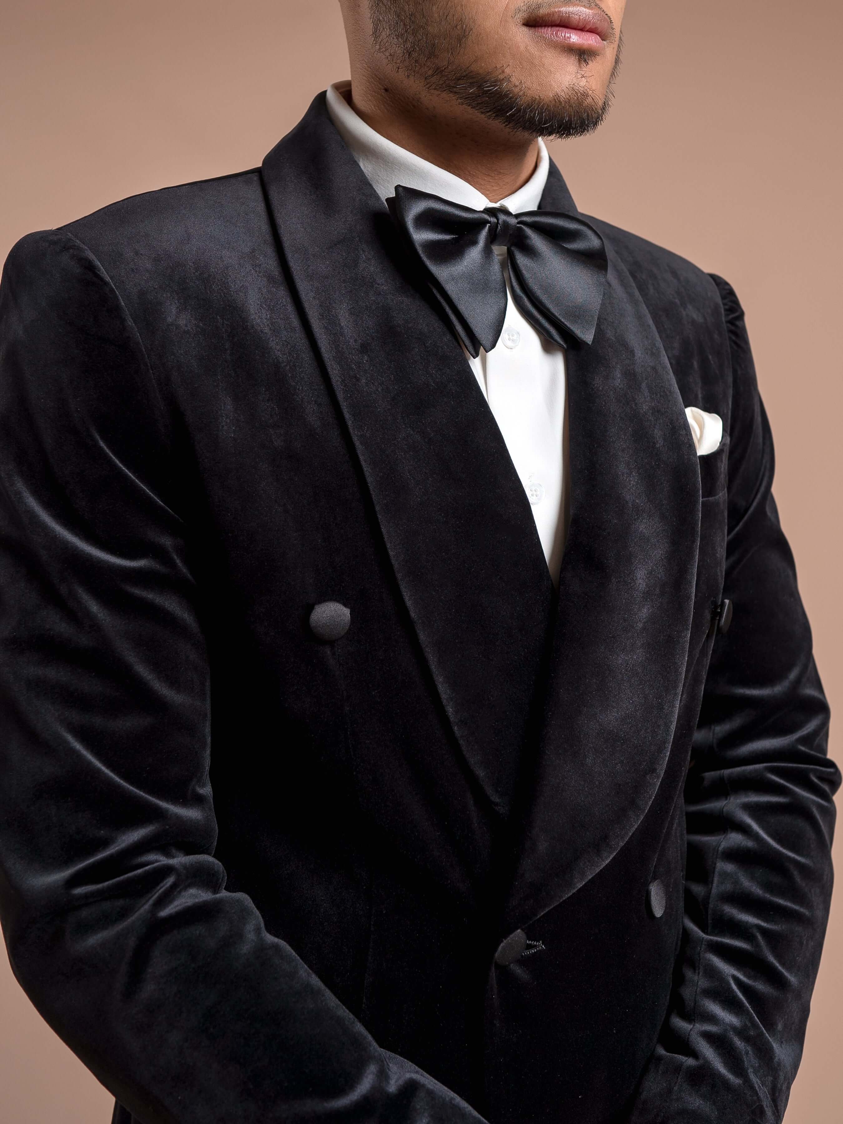 Double Breasted Tuxedo Blazer - Velvet Black Plain (Shawl Lapel)