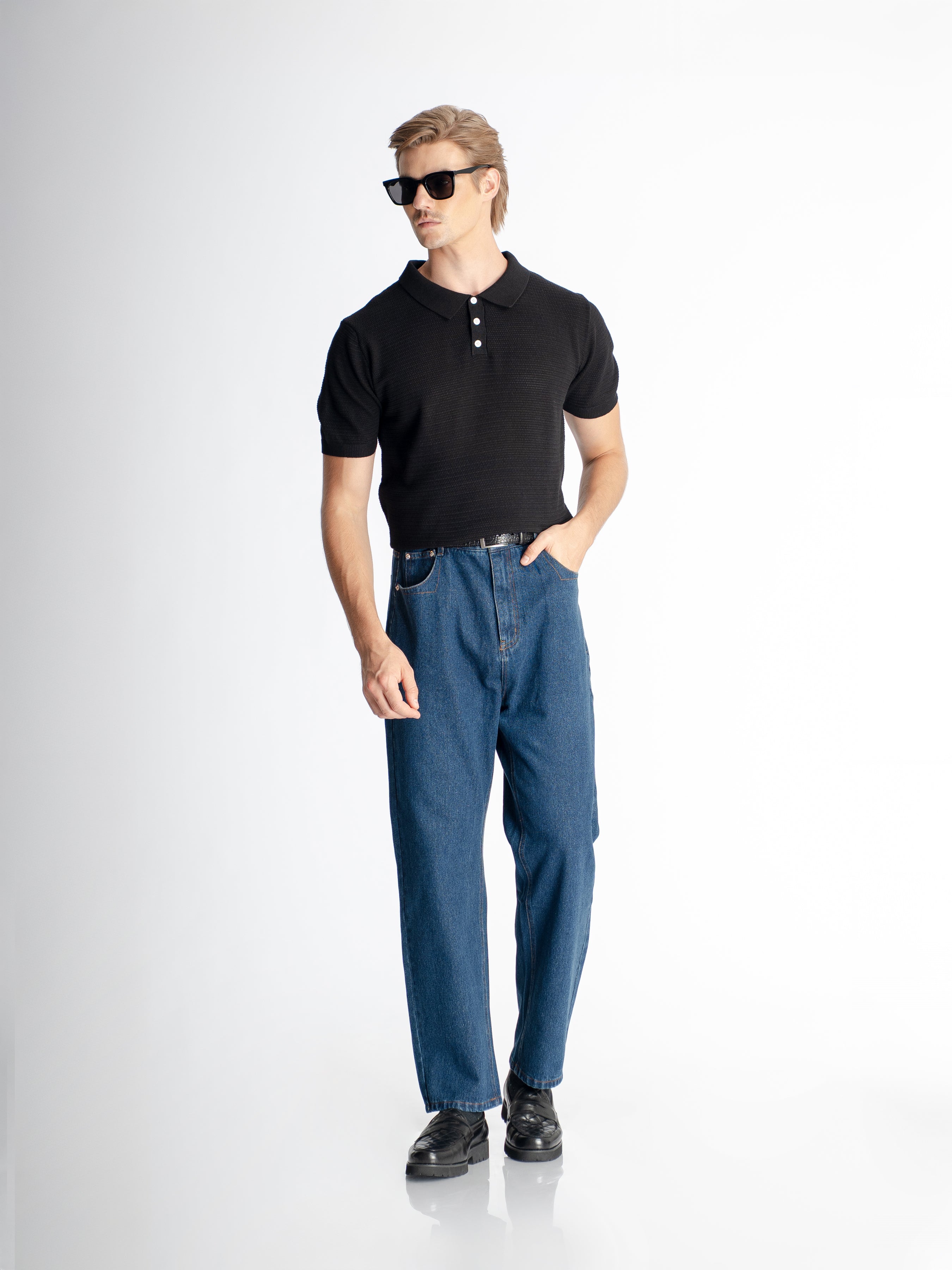 Ezra Knit Polo Tee - Black