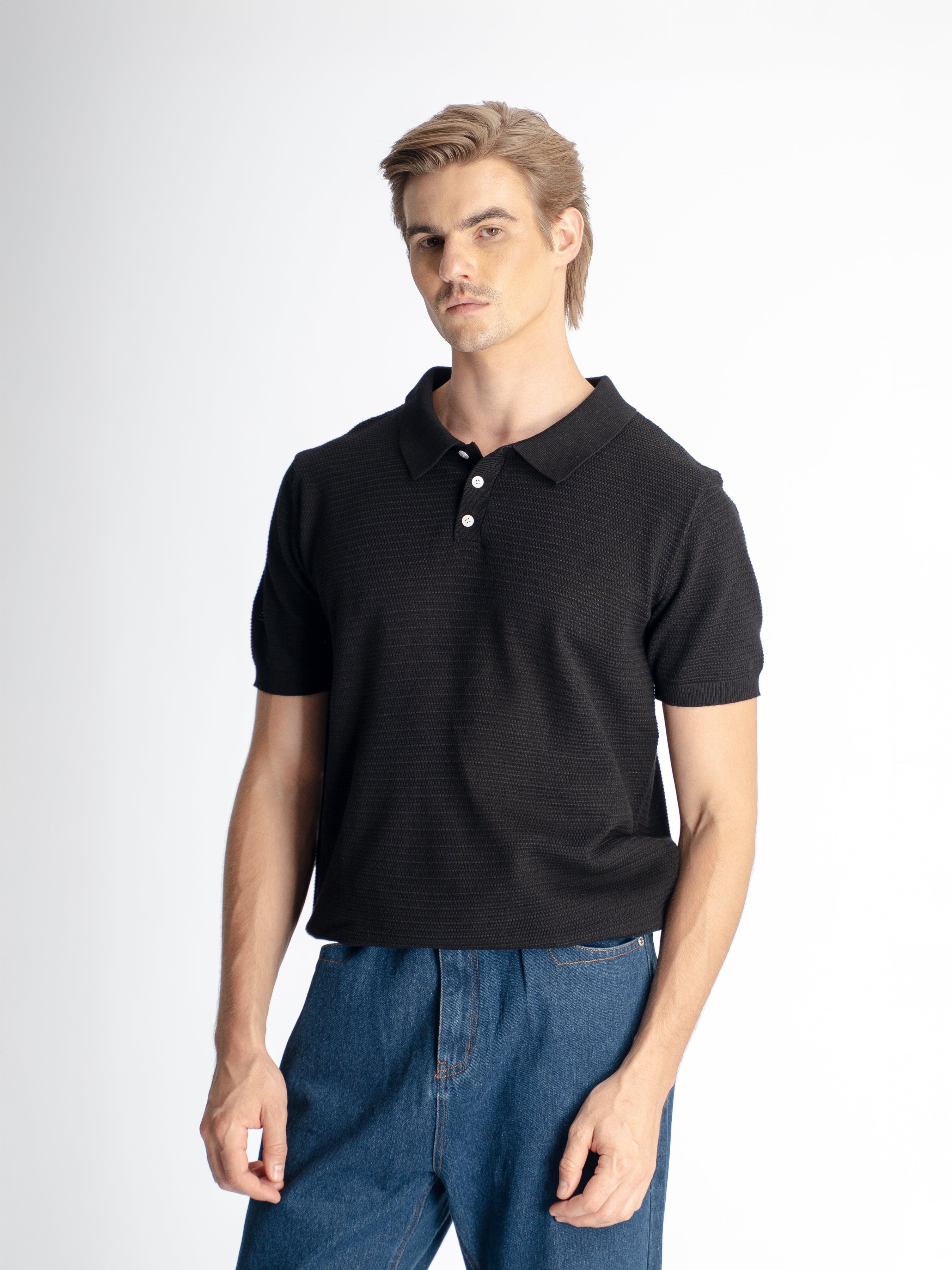 Ezra Knit Polo Tee - Black