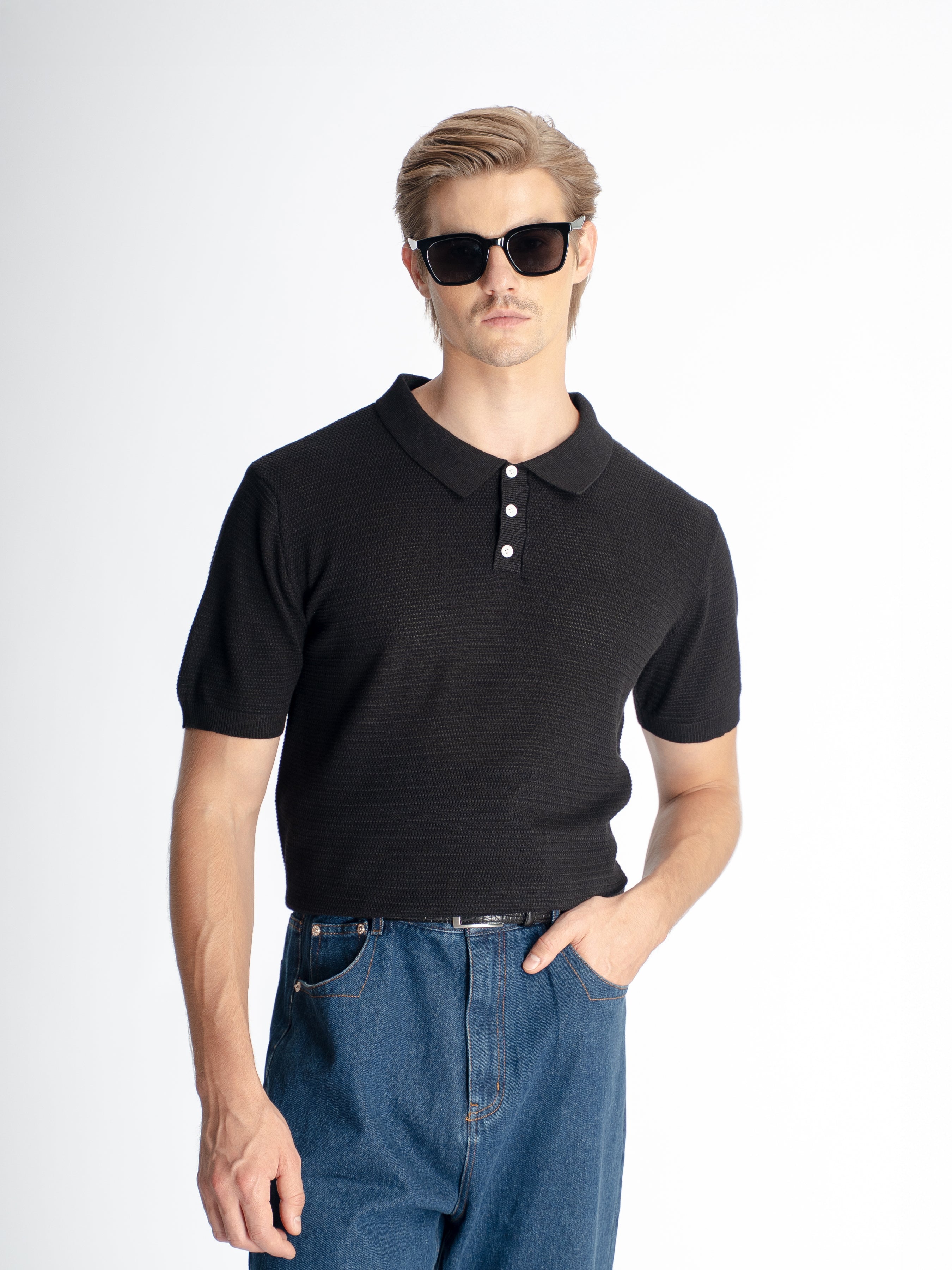 Ezra Knit Polo Tee - Black