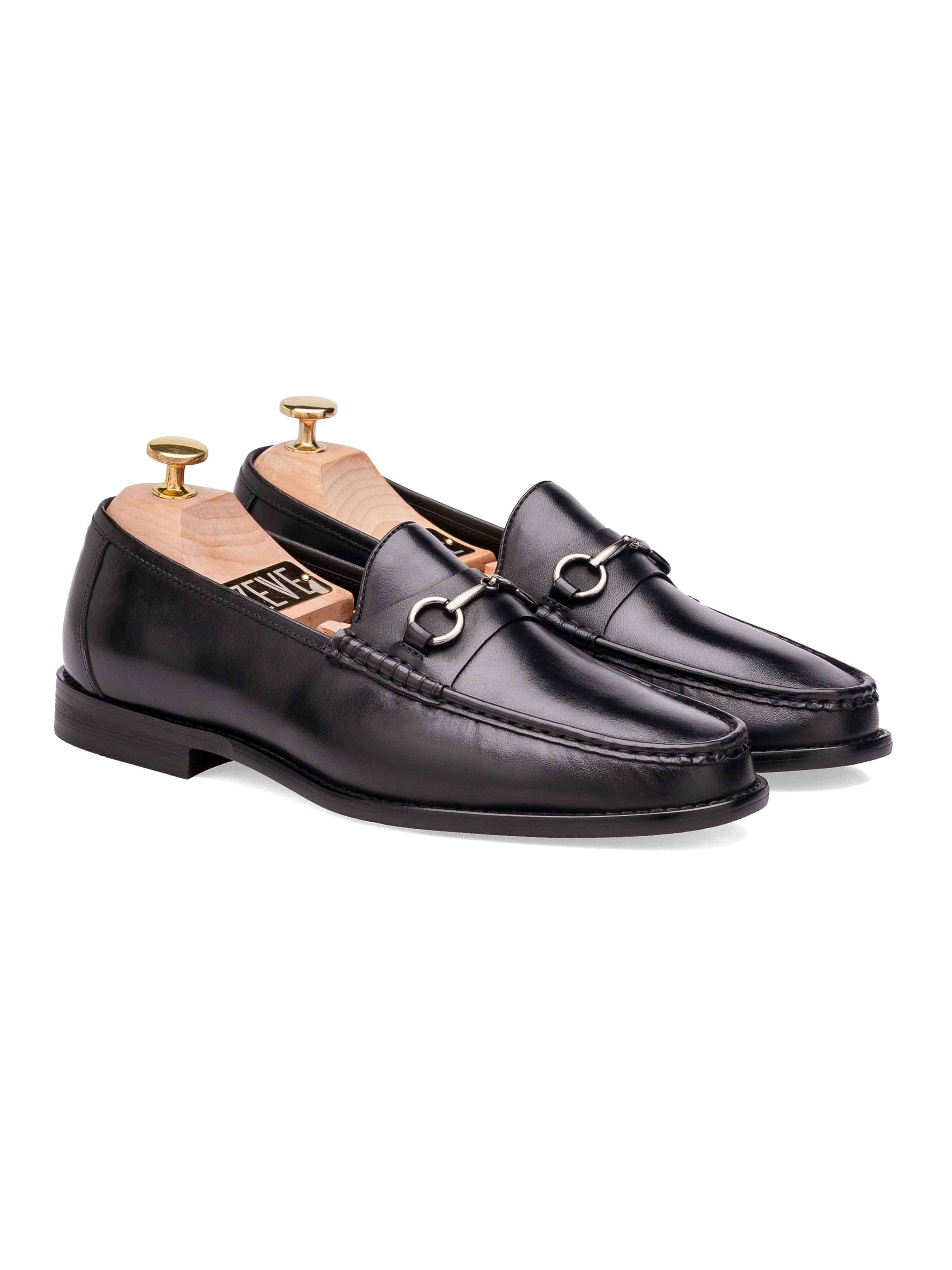 Mario Horsebit Moccasin Loafer - Black Leather (Silver Buckle)
