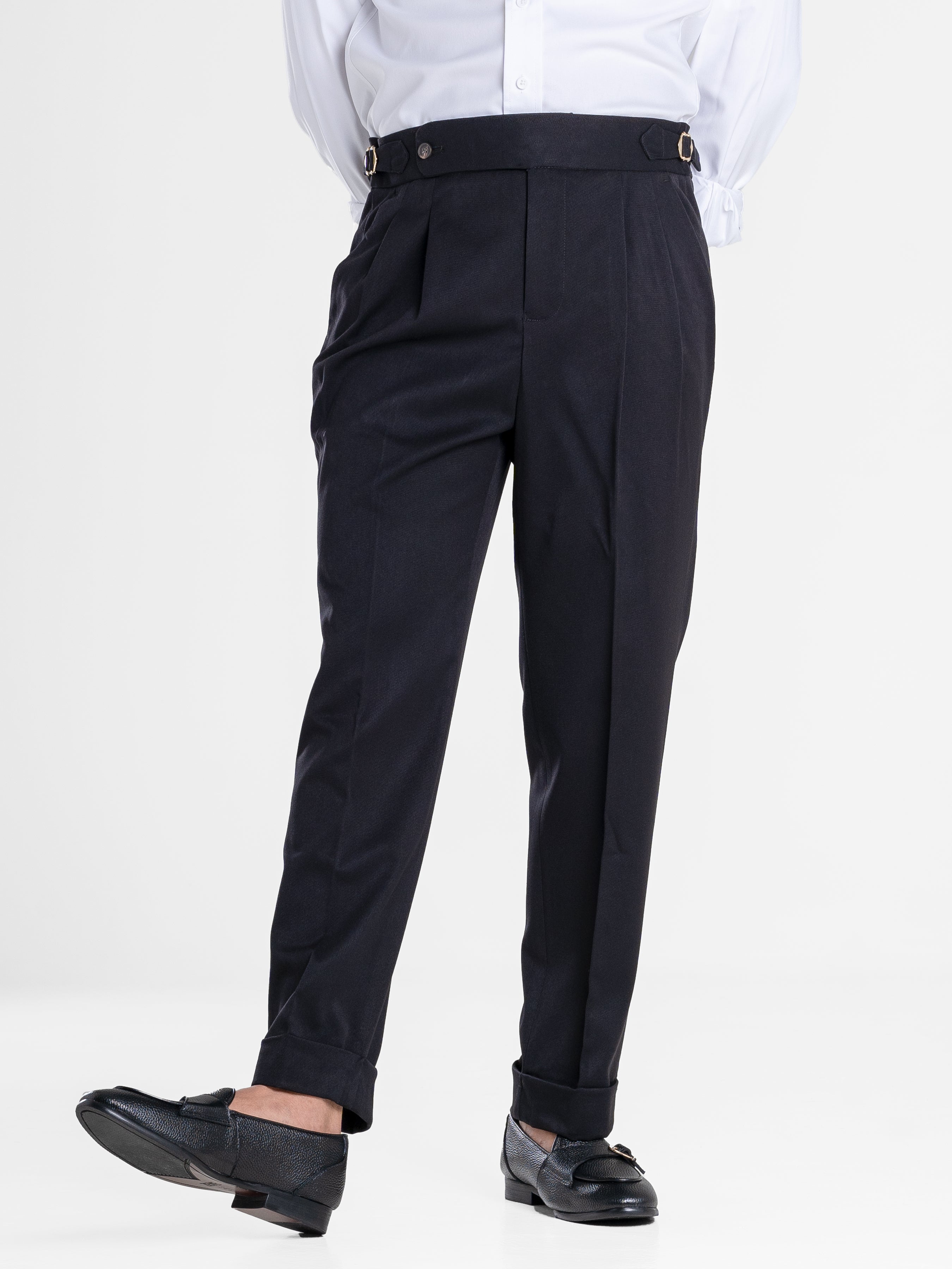 Trousers With Side Adjusters - Black Solid Cuffed (Tapered)