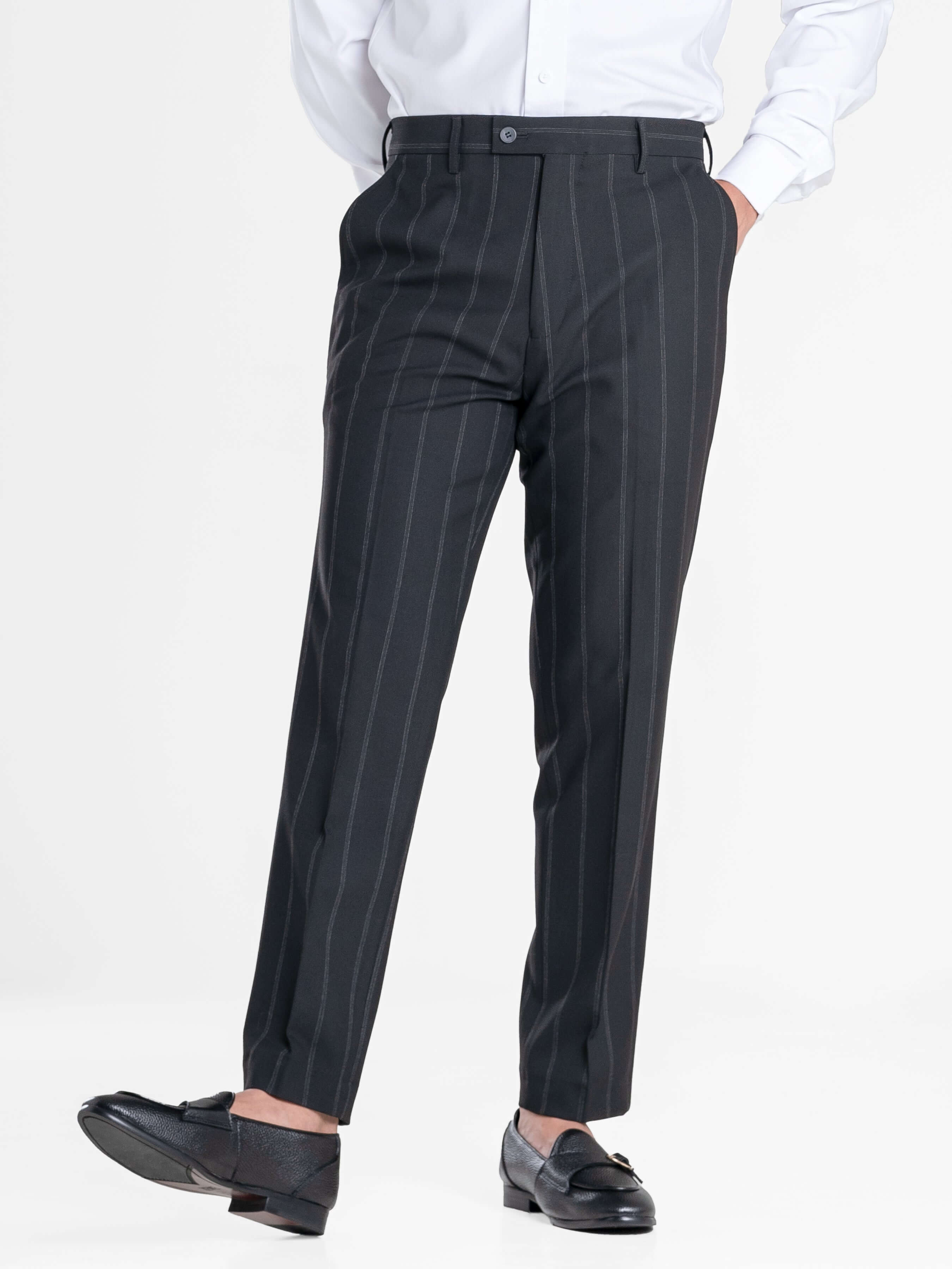 Trousers With Belt Loop - Black Wide Stripes (Slim Straight)