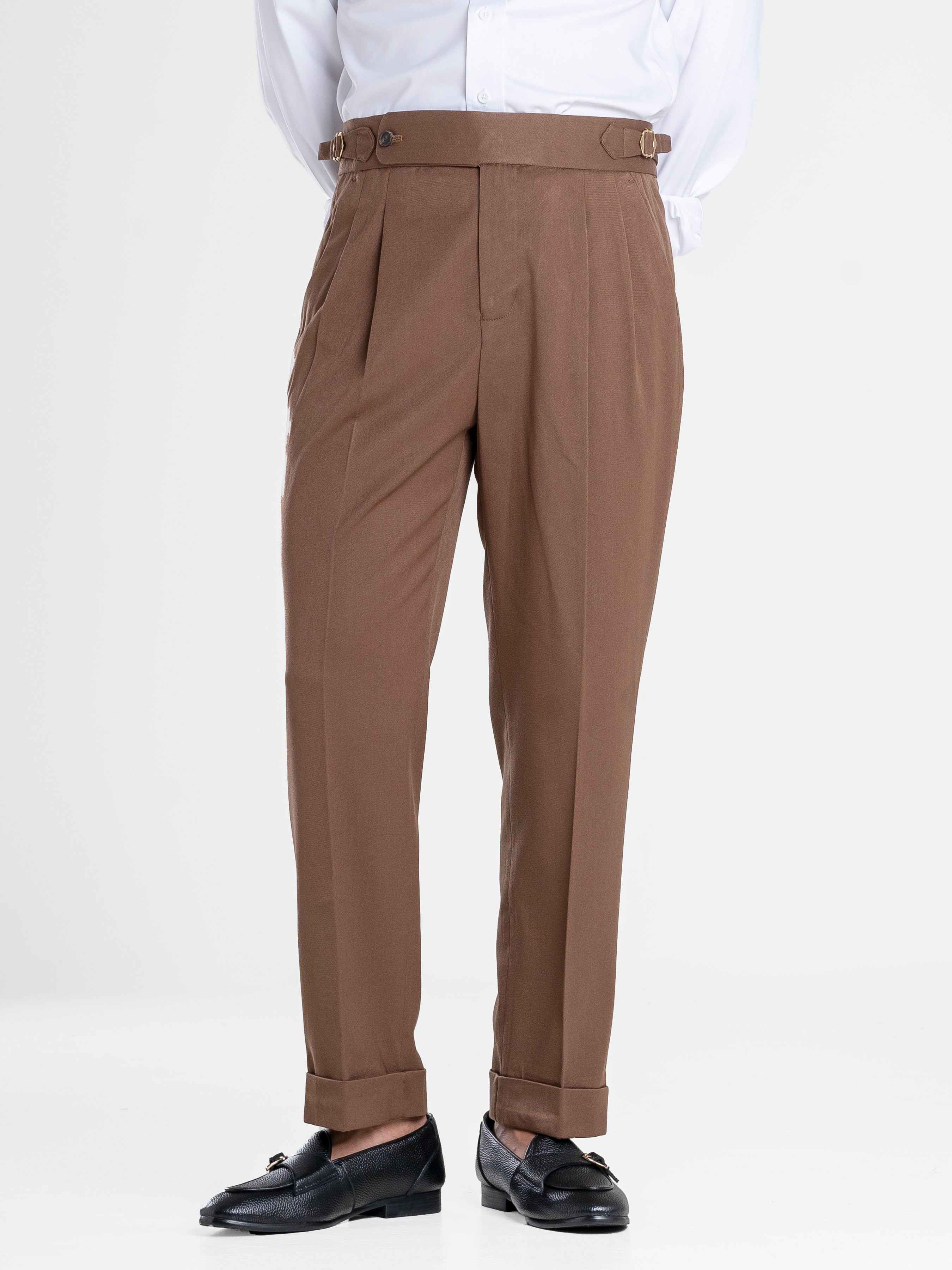 Trousers With Side Adjusters - Brown Plain Cuffed (Tapered)