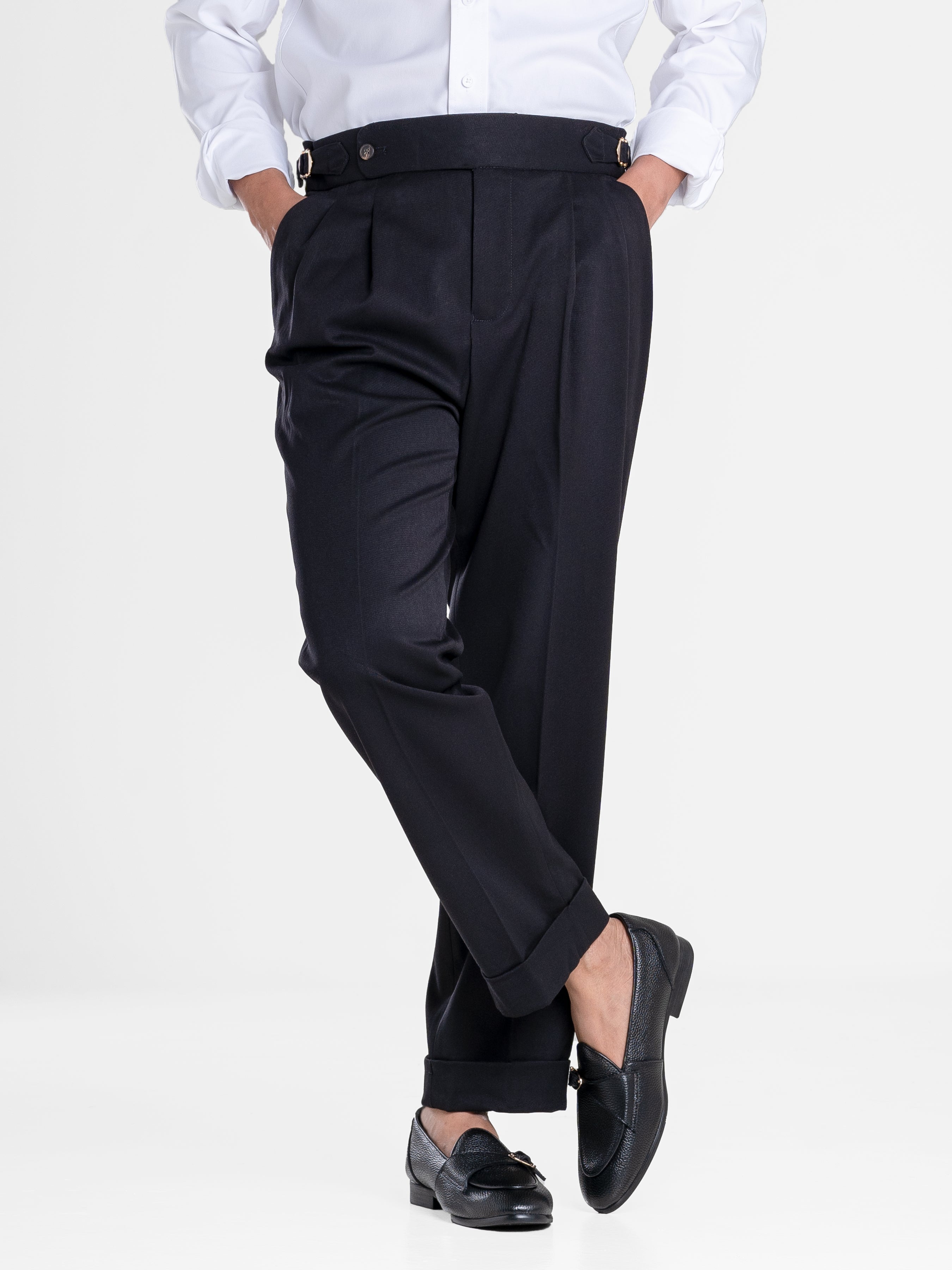 Trousers With Side Adjusters - Black Solid Cuffed (Tapered)