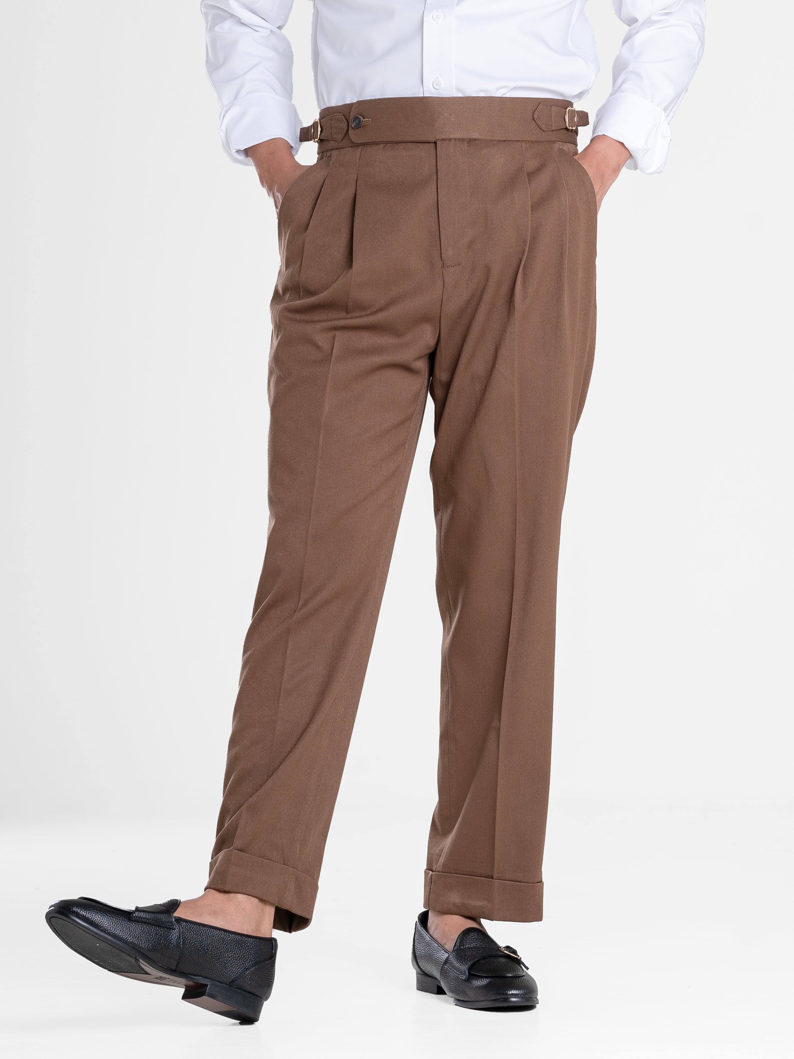 Trousers With Side Adjusters - Brown Plain Cuffed (Tapered)