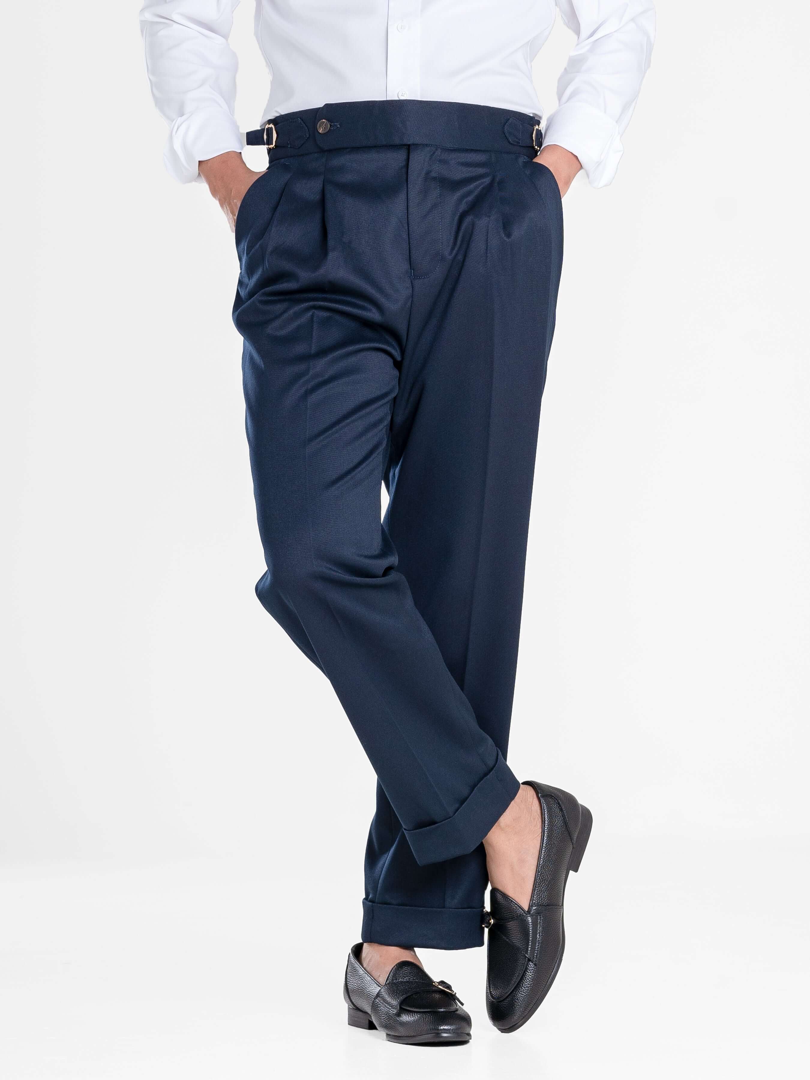 Trousers With Side Adjusters - Deep Blue Plain Cuffed (Tapered)