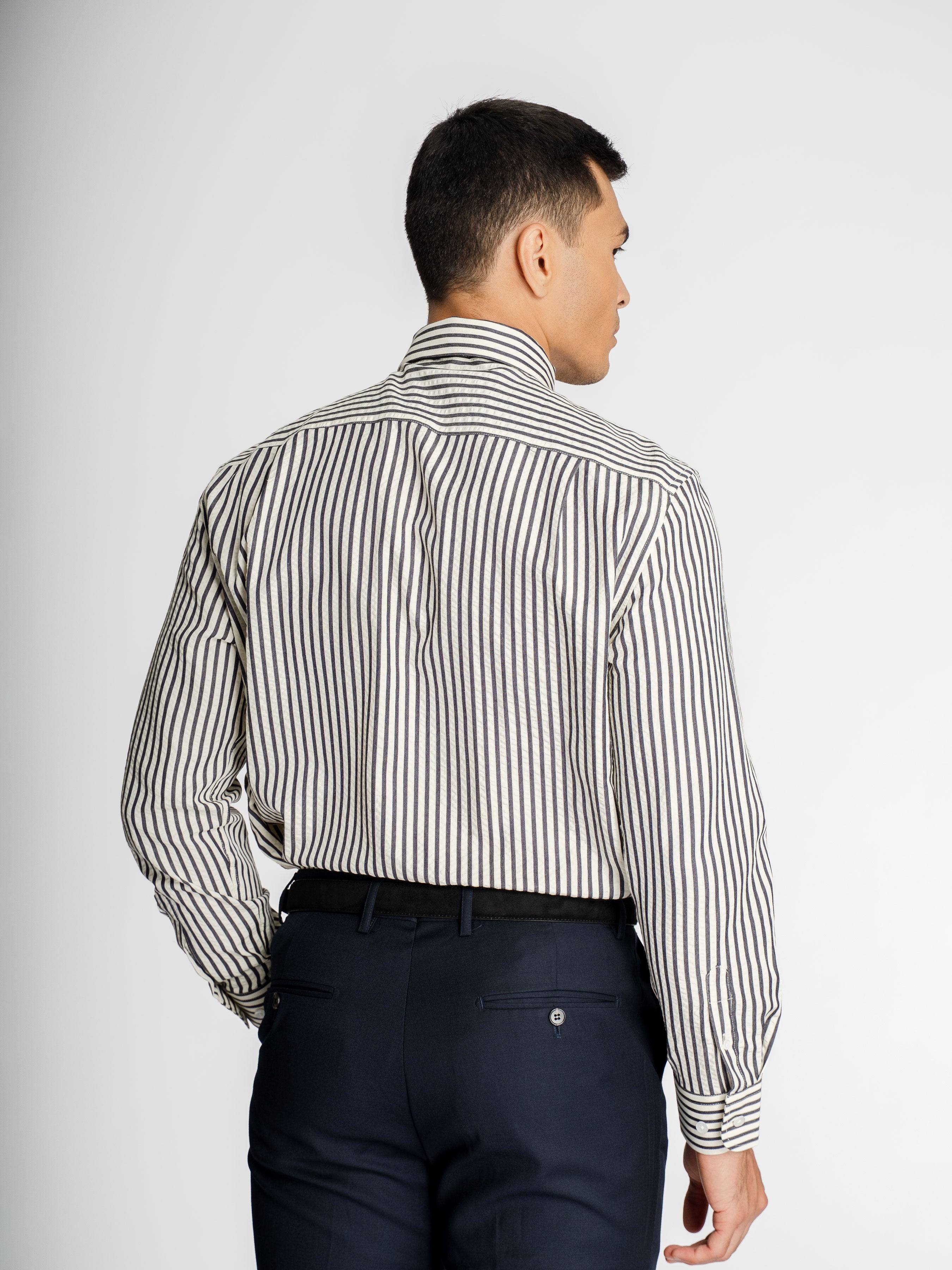 Giovanni Seersucker Shirt – Cream Blue Stripe (Button-Down Collar)