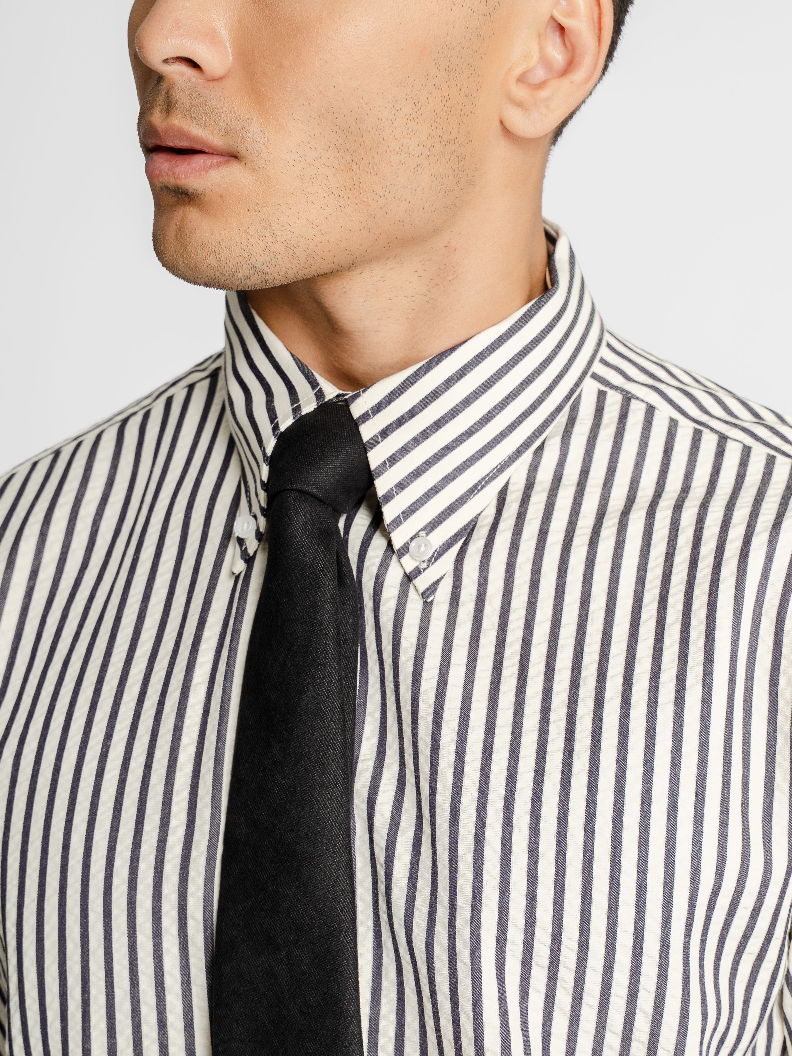 Giovanni Seersucker Shirt – Cream Blue Stripe (Button-Down Collar)