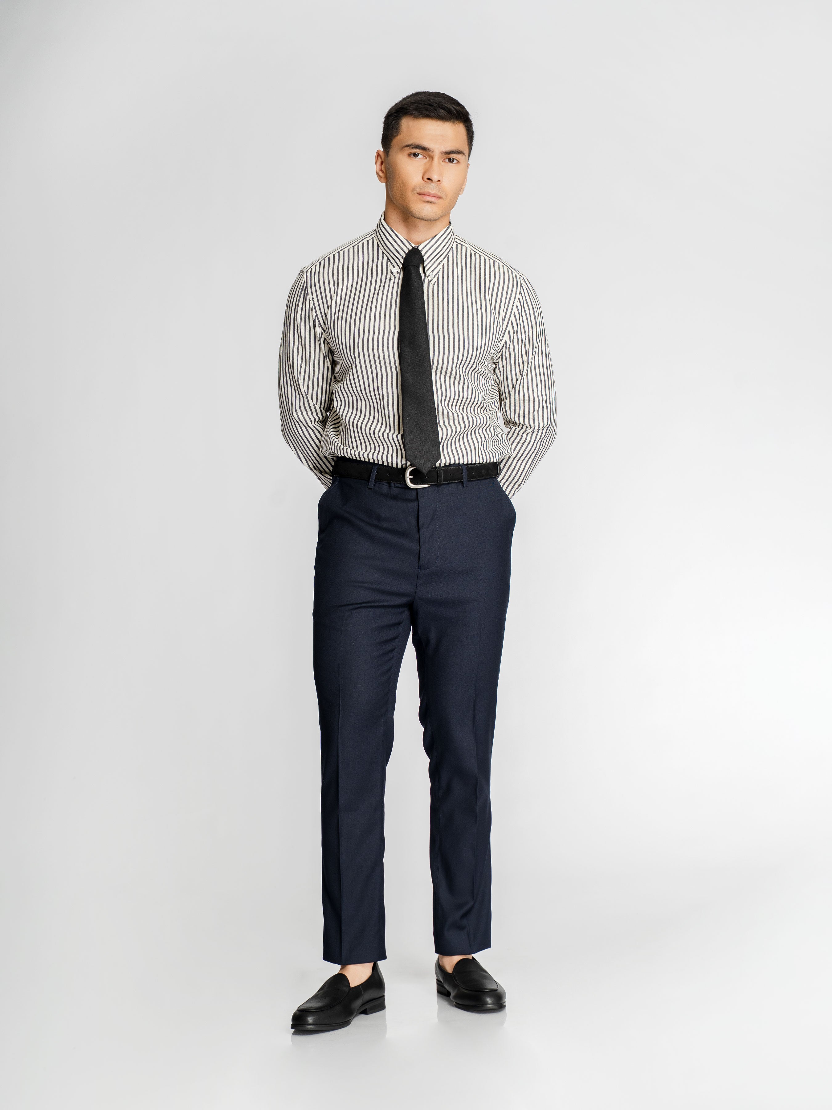Giovanni Seersucker Shirt – Cream Blue Stripe (Button-Down Collar)