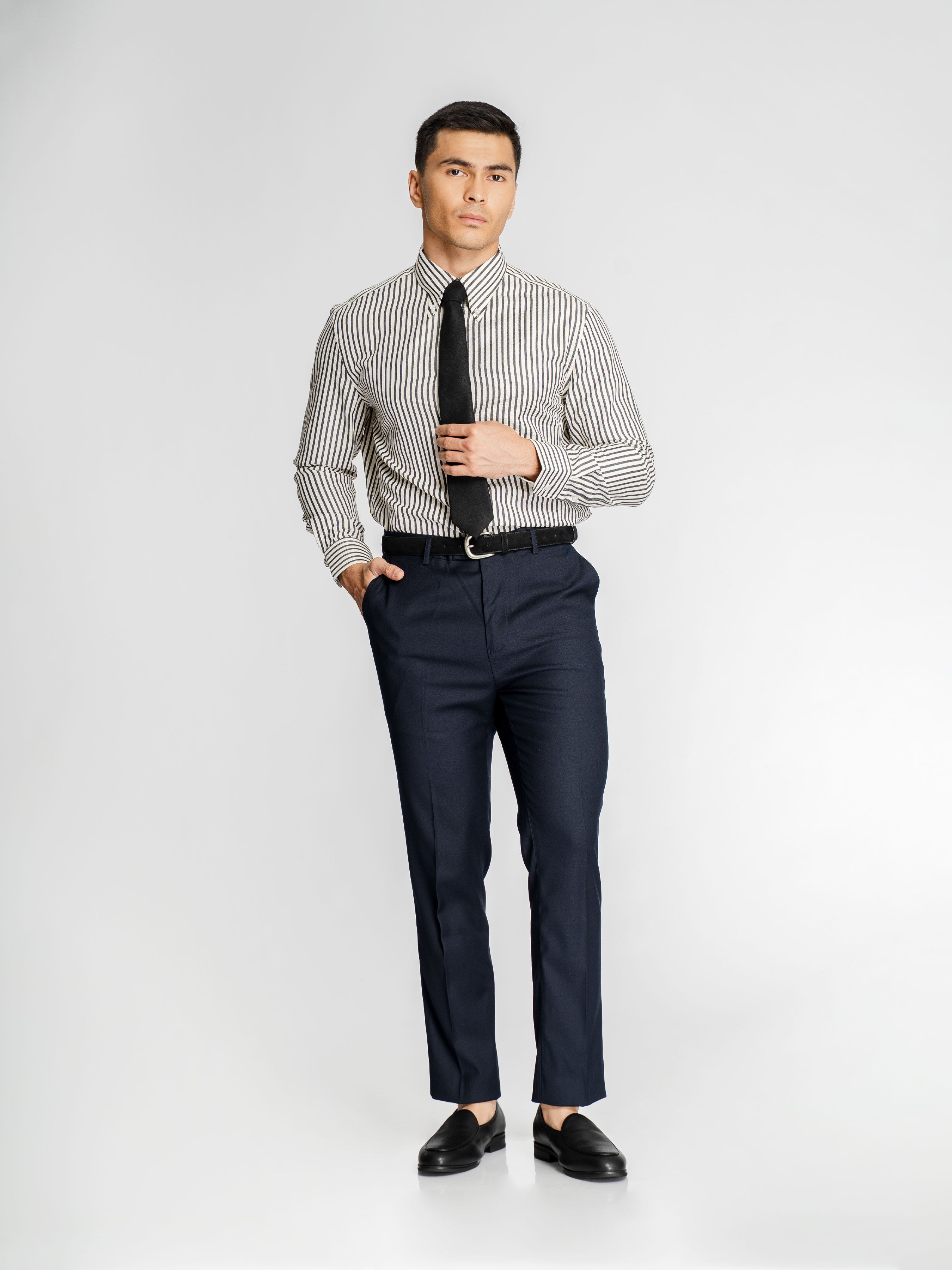 Giovanni Seersucker Shirt – Cream Blue Stripe (Button-Down Collar)