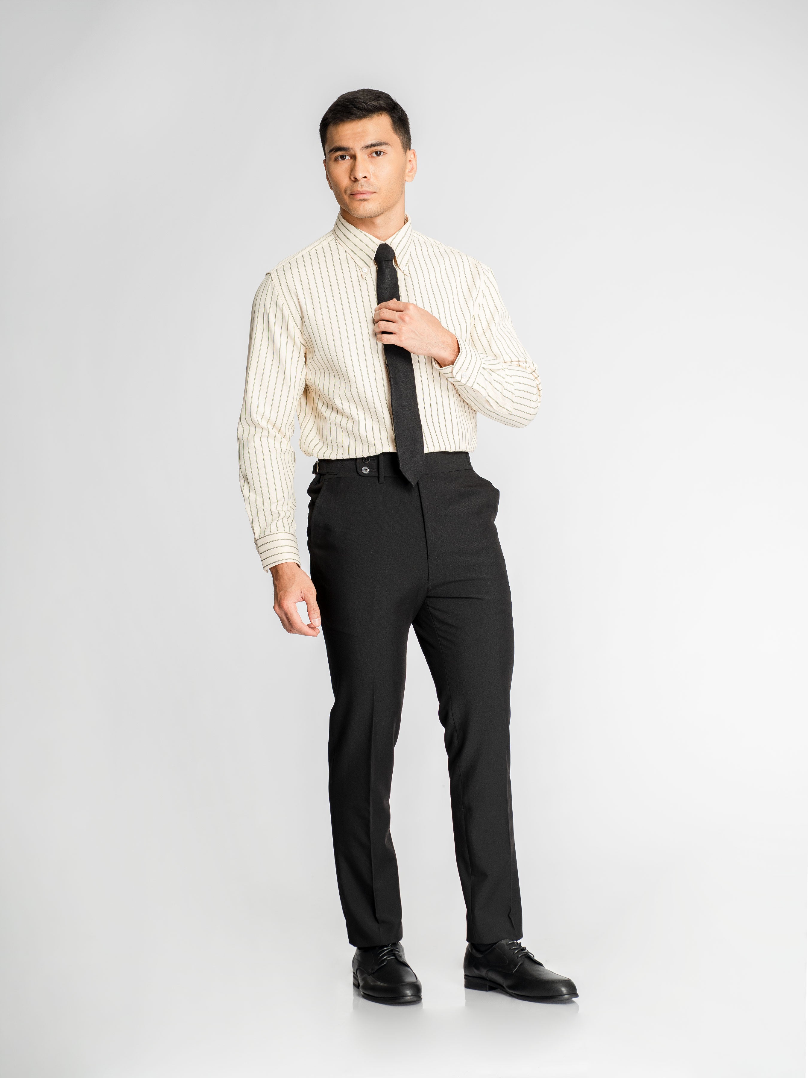 MarcelloStripeShirtCreamGreenStripe_ButtonDownCollar_Fullbody1 - Zeve