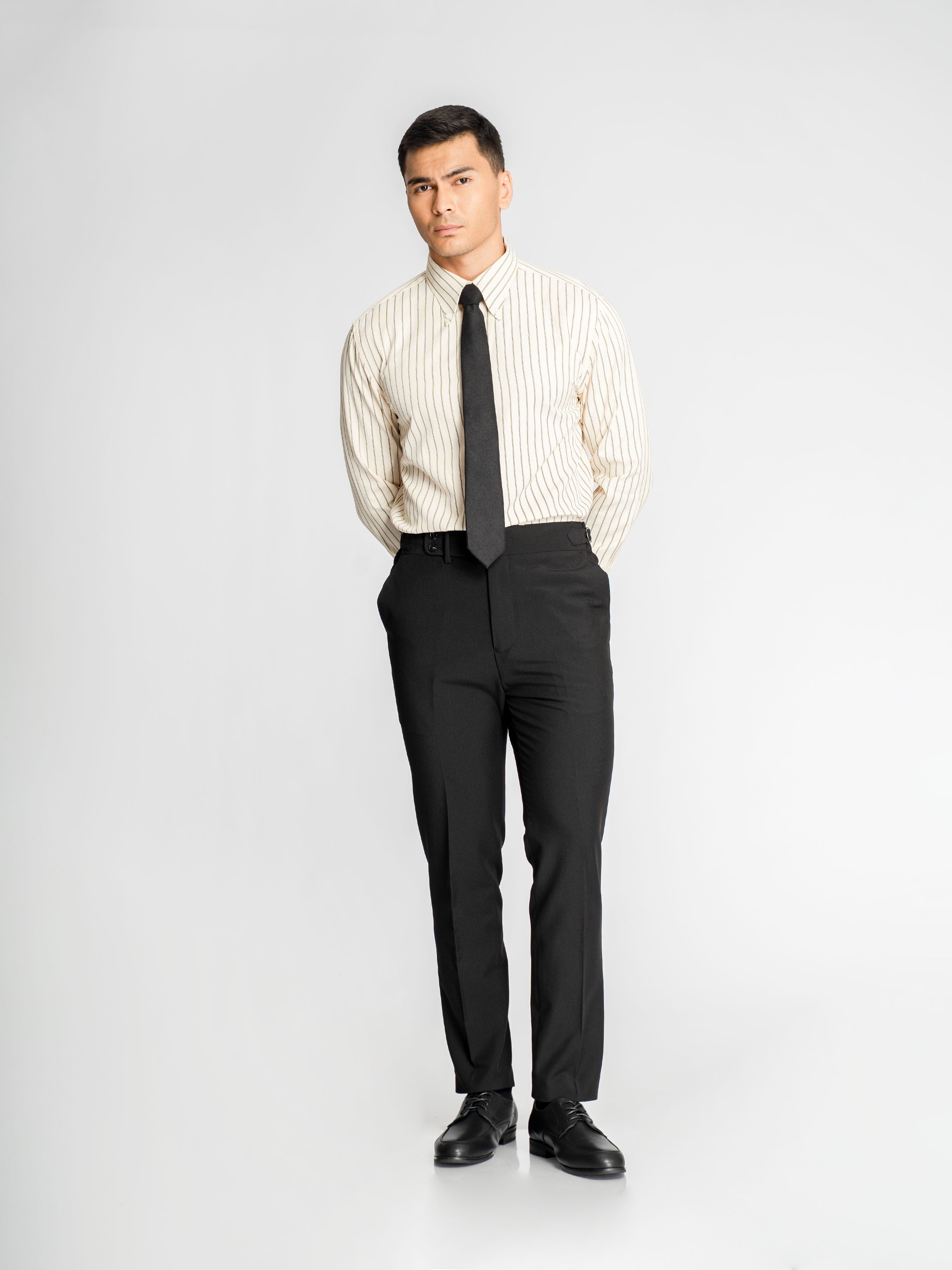MarcelloStripeShirtCreamGreenStripe_ButtonDownCollar_Fullbody2 - Zeve
