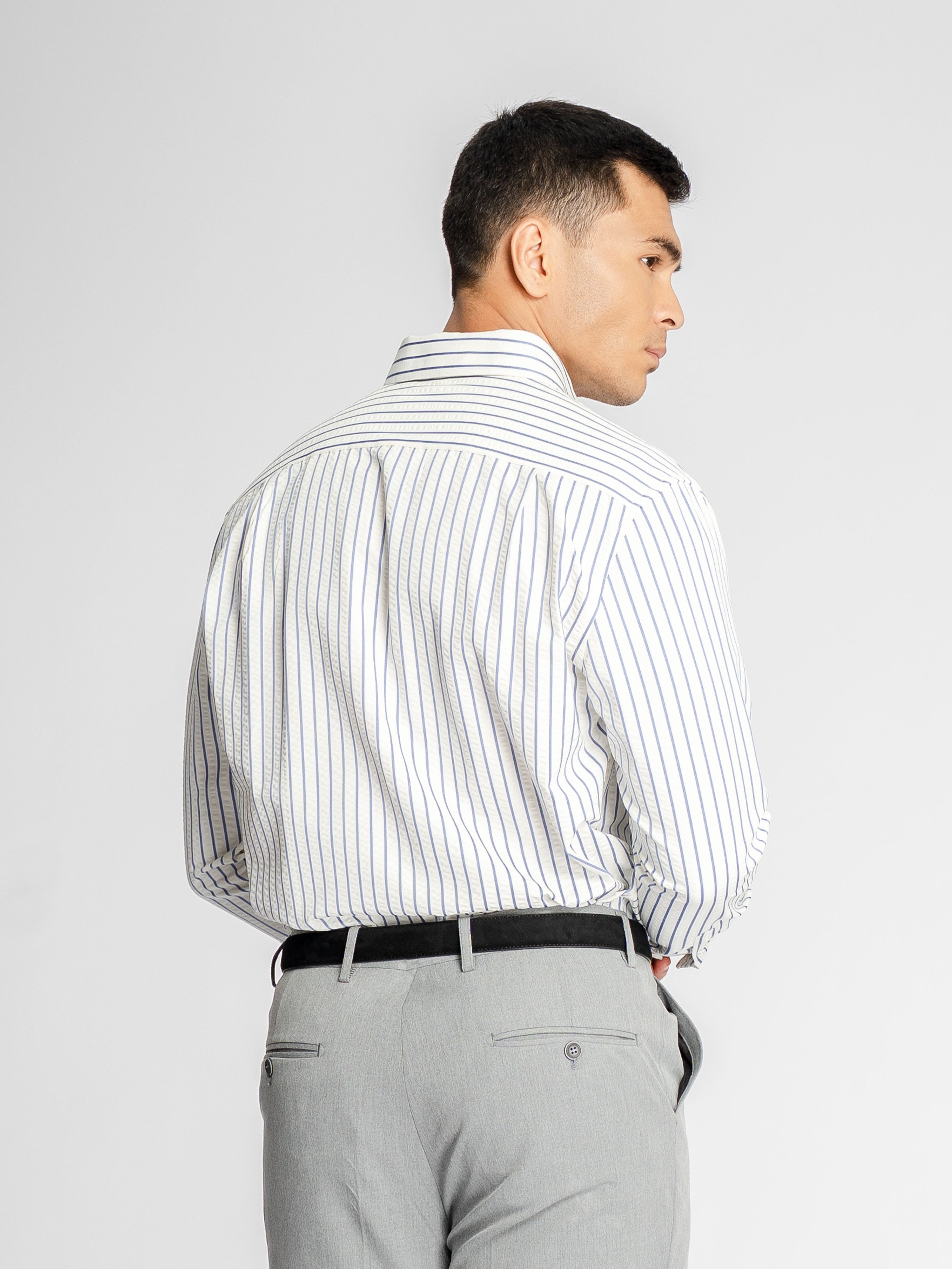 Marci Seersucker Shirt - White Blue Stripe (Button-Down Collar)