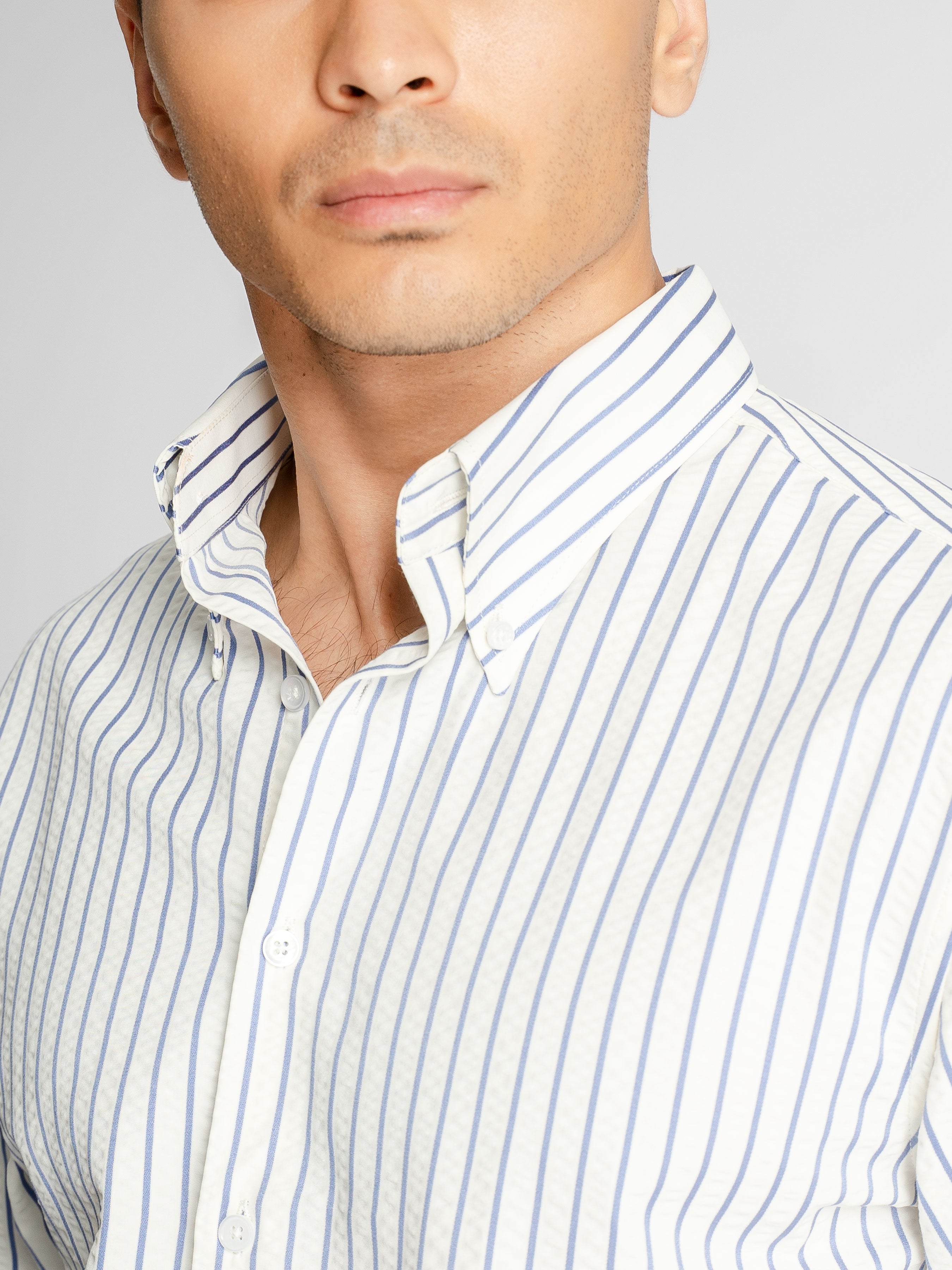 Marci Seersucker Shirt - White Blue Stripe (Button-Down Collar)