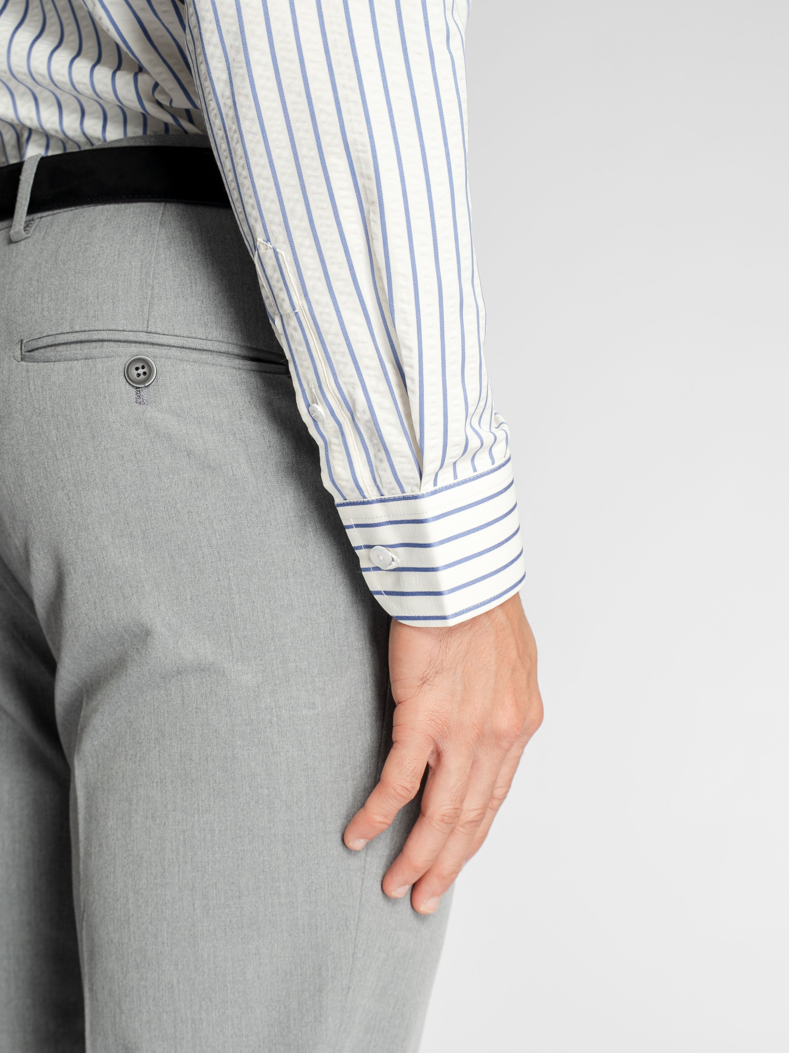 Marci Seersucker Shirt - White Blue Stripe (Button-Down Collar)