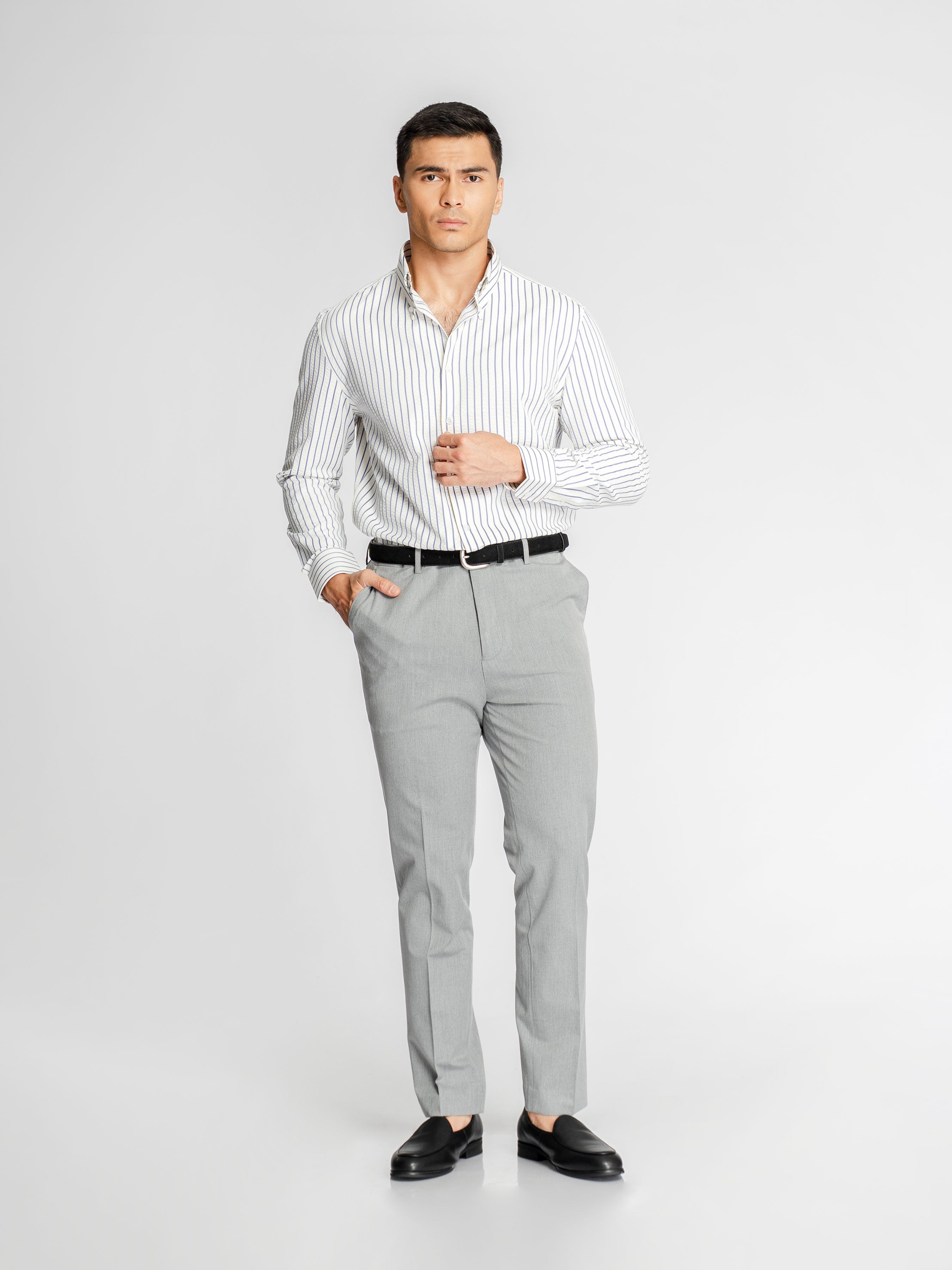 Marci Seersucker Shirt - White Blue Stripe (Button-Down Collar)