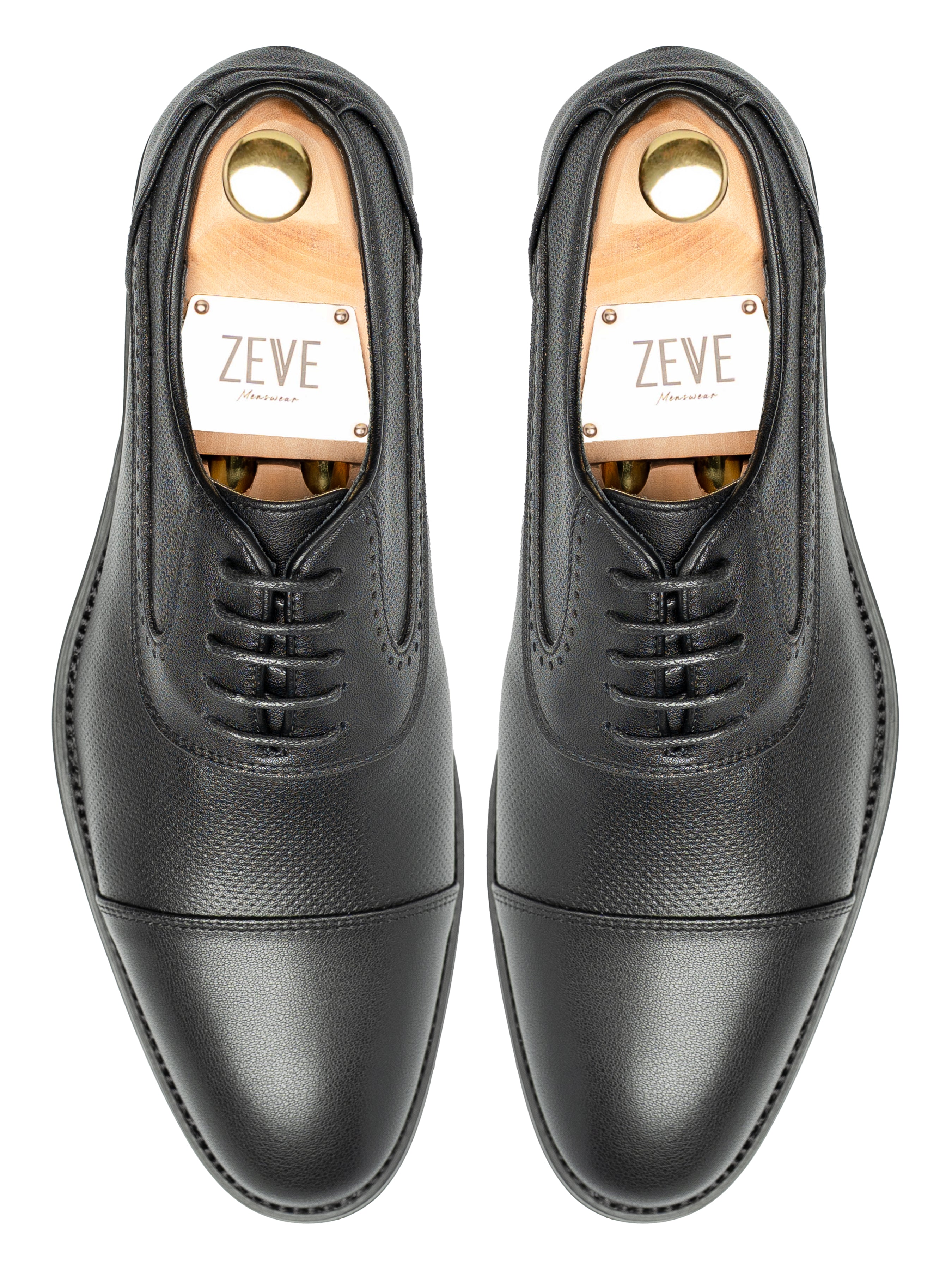 OxfordCapToeSolidBlackLeather_StudSole_Top - Zeve