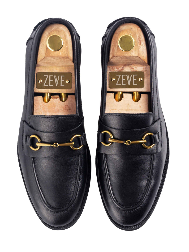 Penny-Horsebit-Black-Leather-Crepe-Sole-Flatlay - Zeve