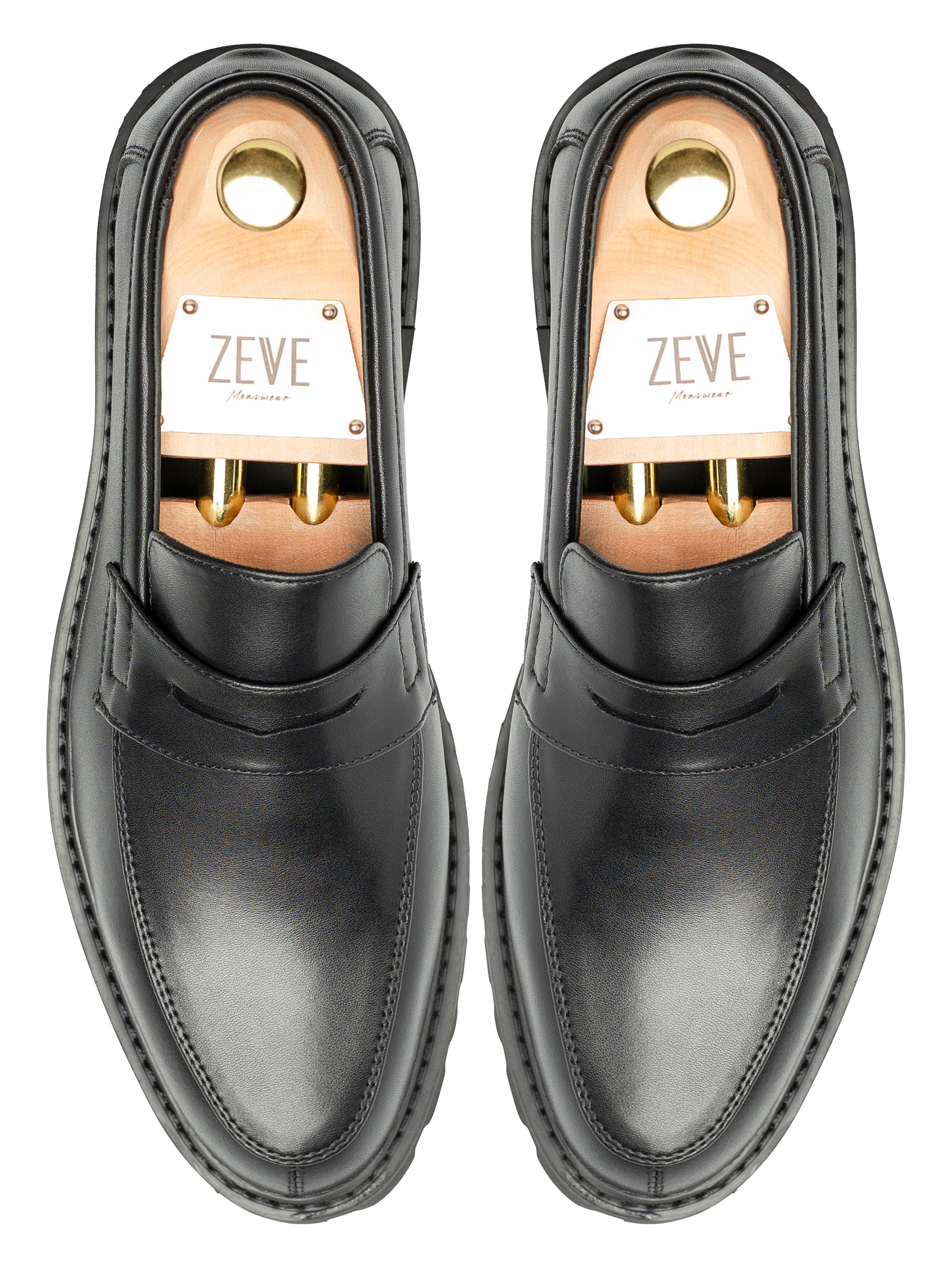 PennyLoaferSolidBlackLeather_BravaSole_Top - Zeve