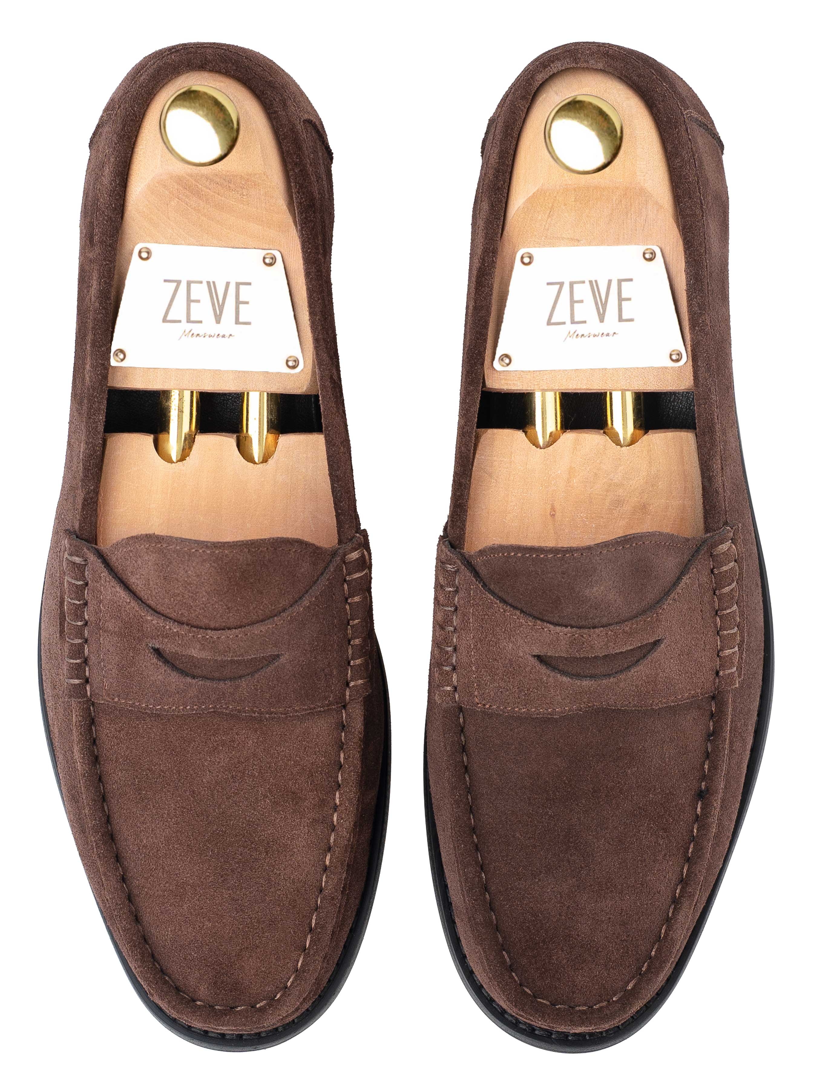 PennyMoccasinLoaferTobaccoBrownSuedeLeatherTop - Zeve
