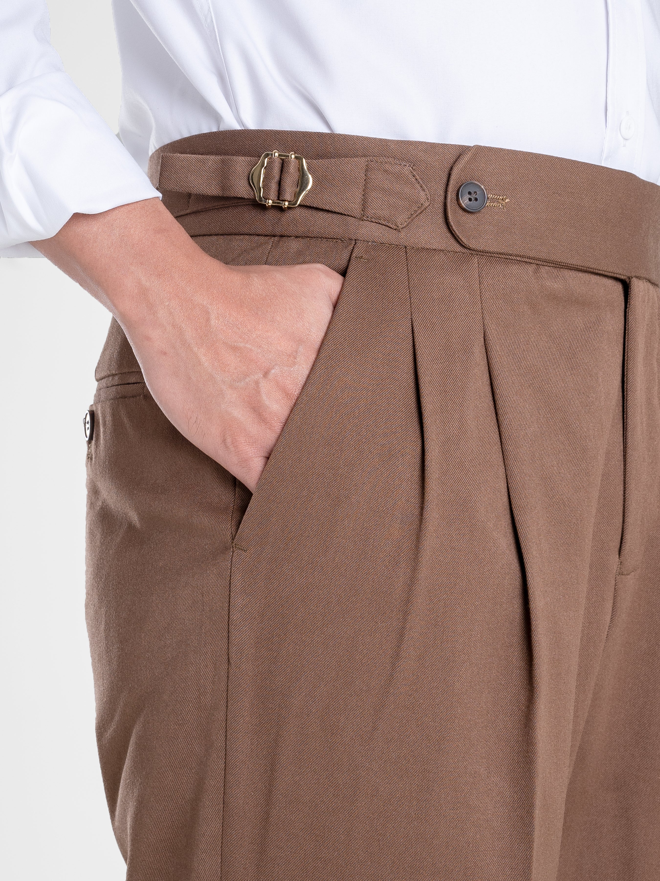 Trousers With Side Adjusters - Brown Plain Cuffed (Tapered)