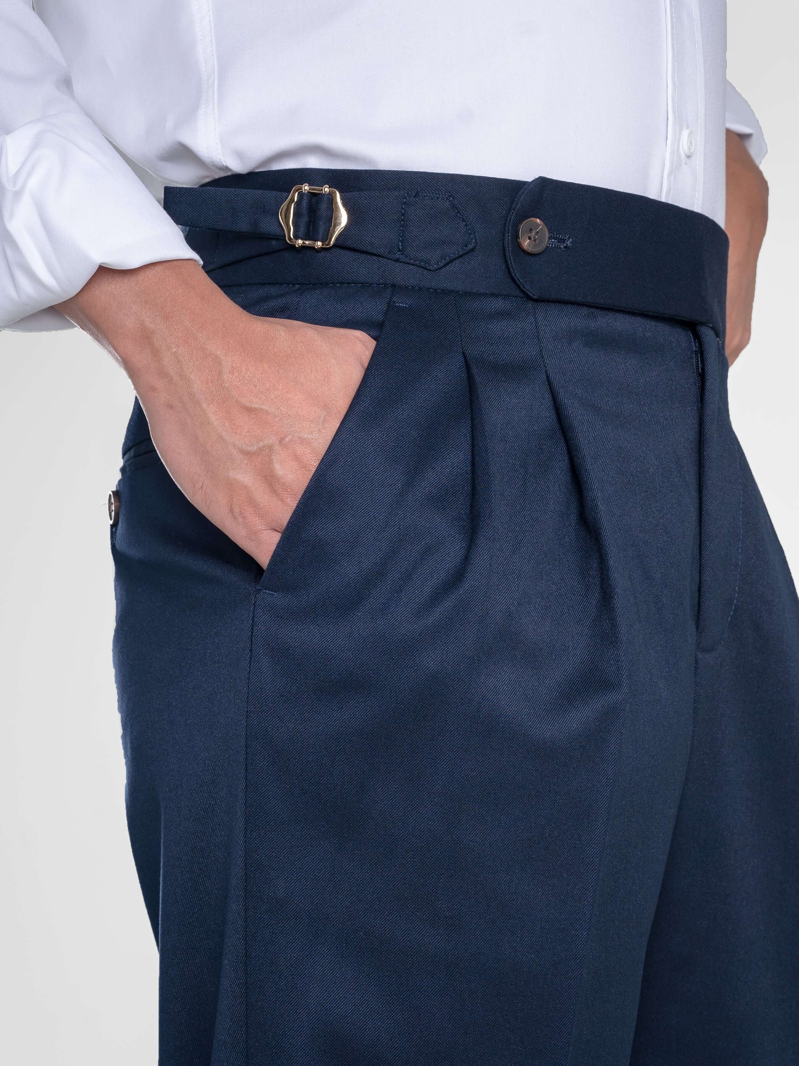 Trousers With Side Adjusters - Deep Blue Plain Cuffed (Tapered)