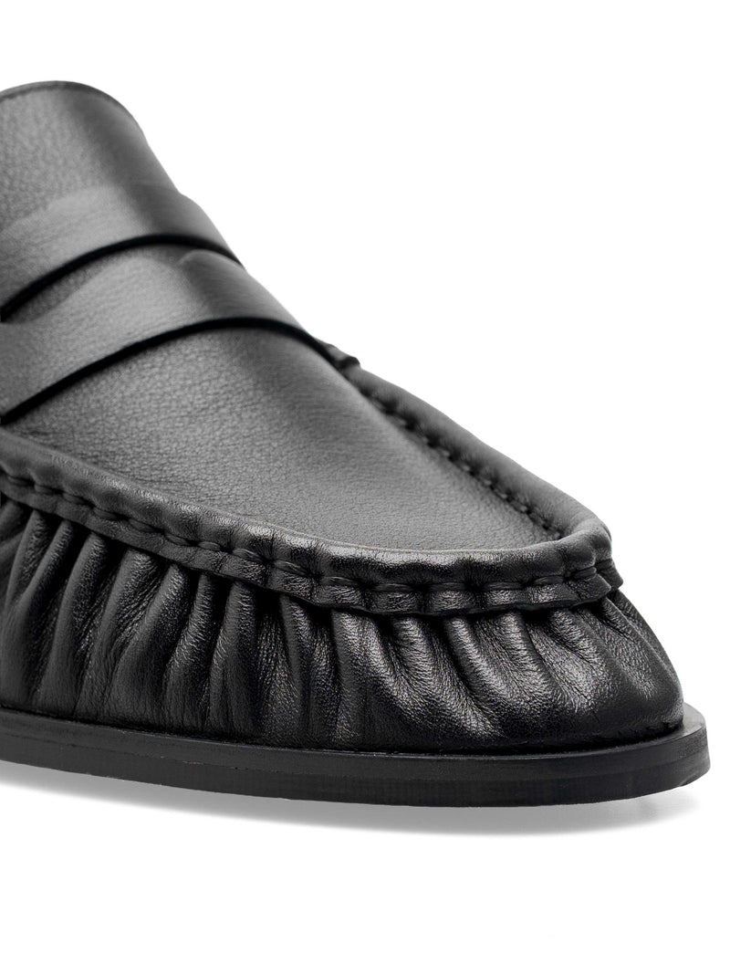 Black leather loafer with pleated toe and penny strap detail, men's formal shoe