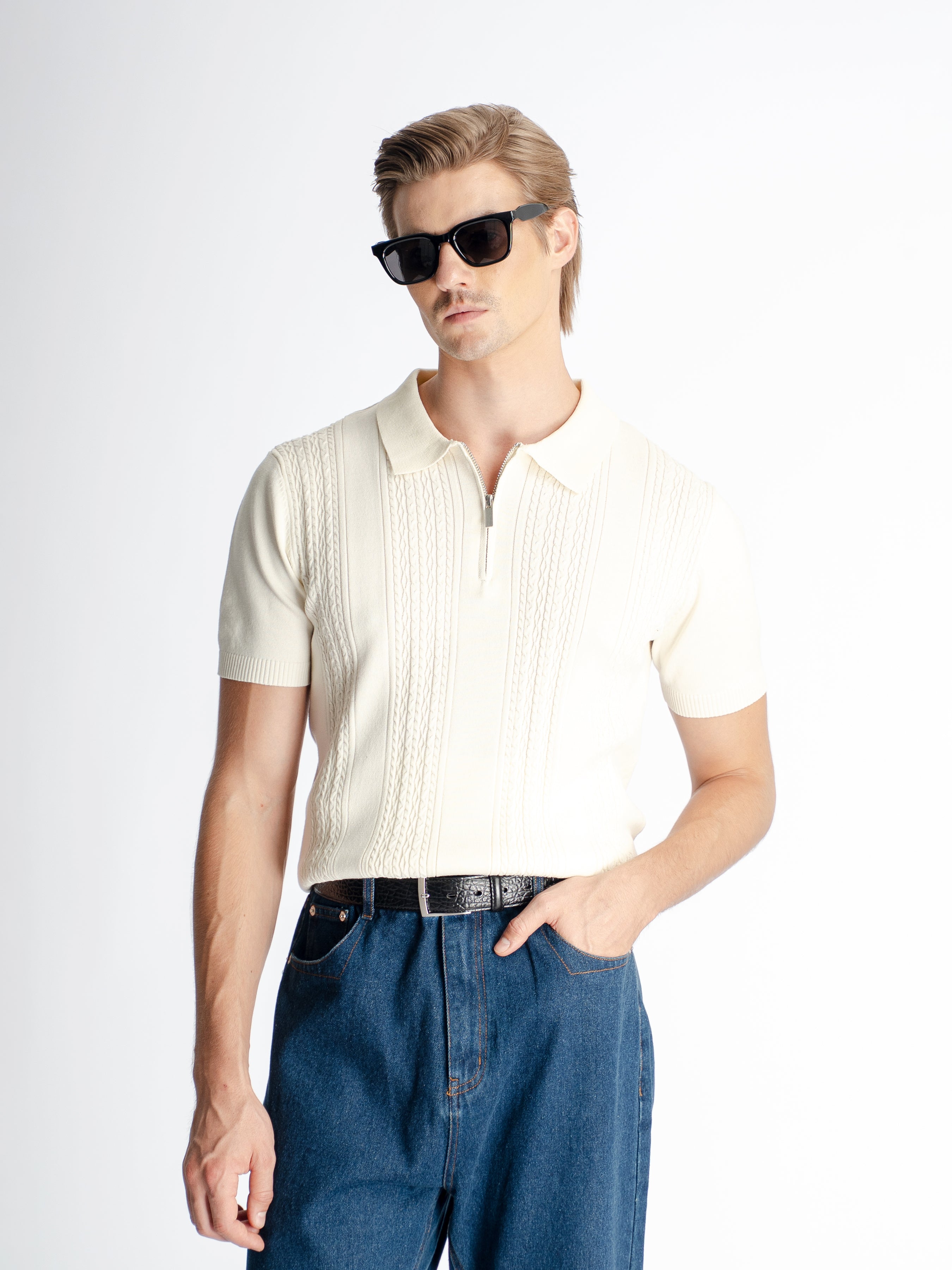 Renzo Knit Polo Tee - Beige Quarter-Zip