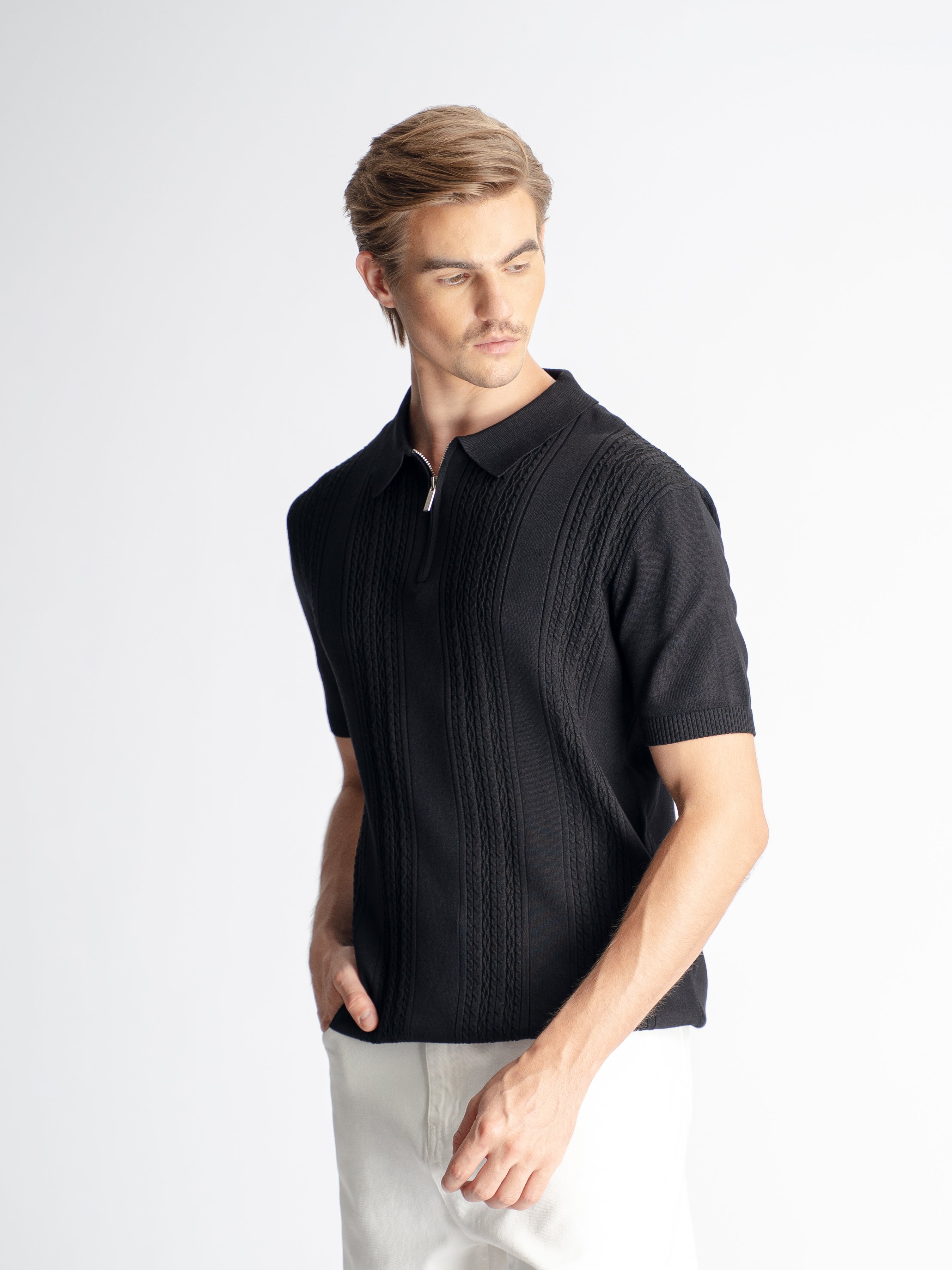 Renzo Knit Polo Tee - Black Quarter-Zip