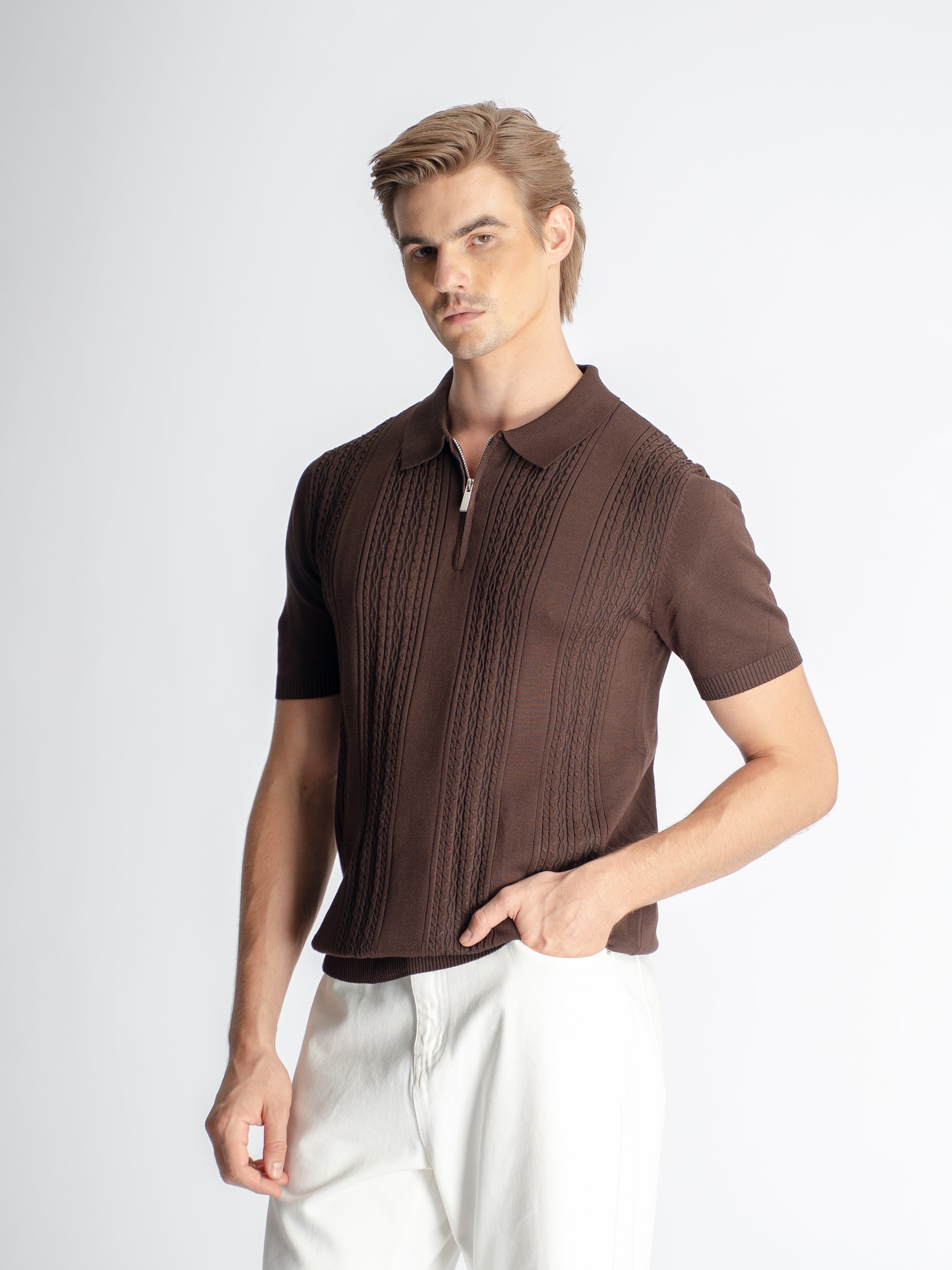Renzo Knit Polo Tee - Dark Coffee Quarter-Zip