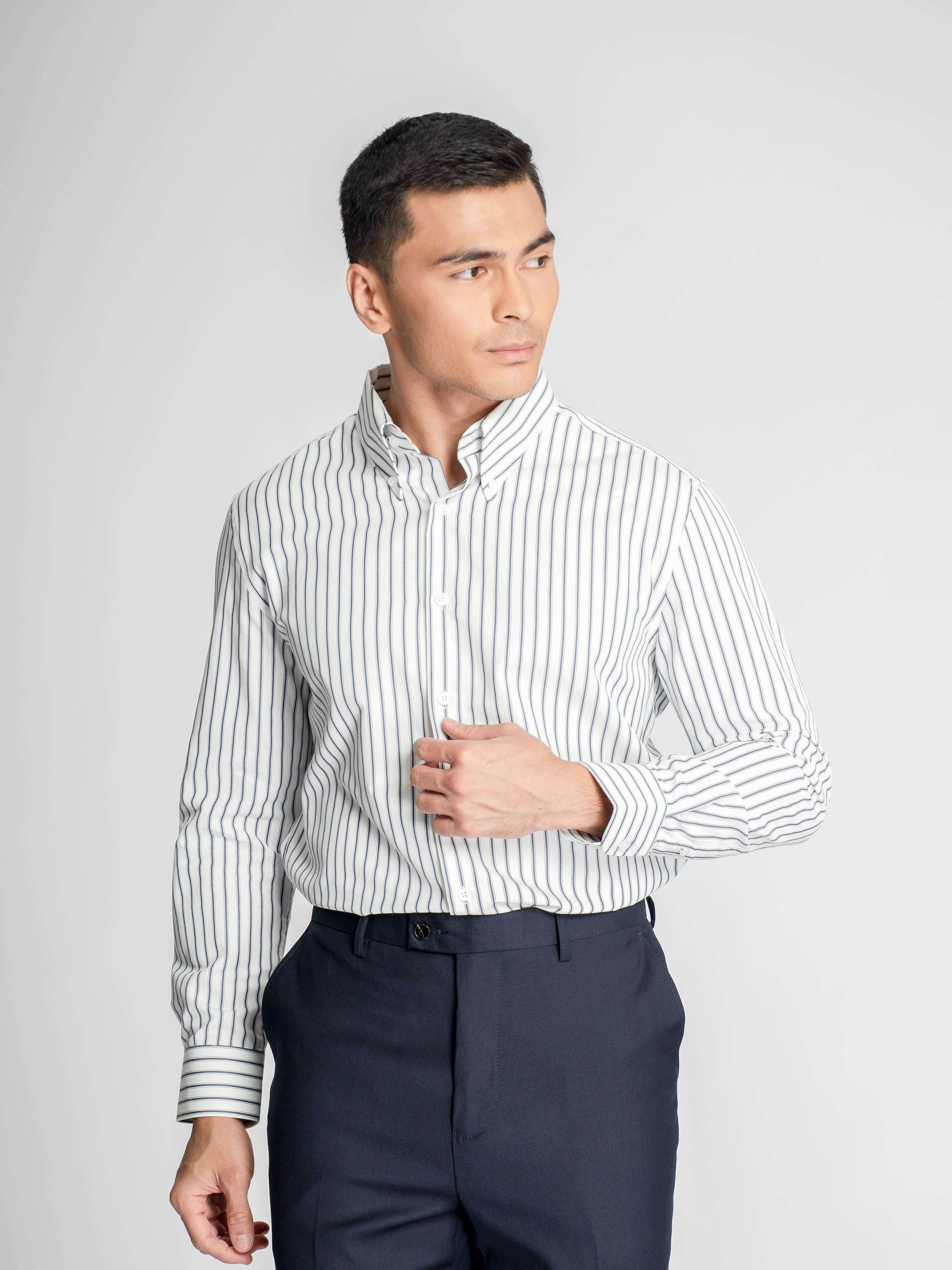 Romano Stripe Shirt – White Blue Stripe (Button-Down Collar)
