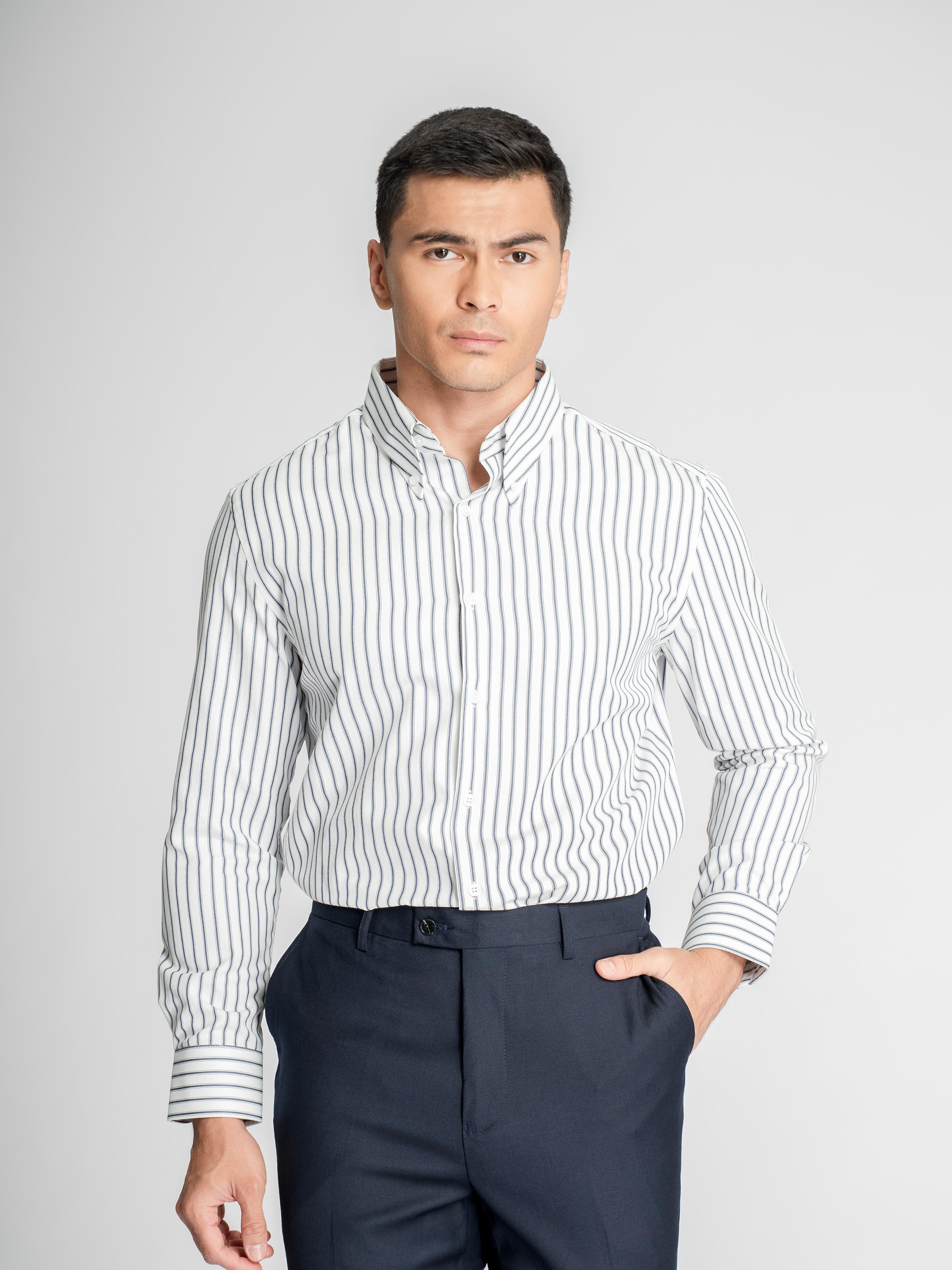 Romano Stripe Shirt – White Blue Stripe (Button-Down Collar)