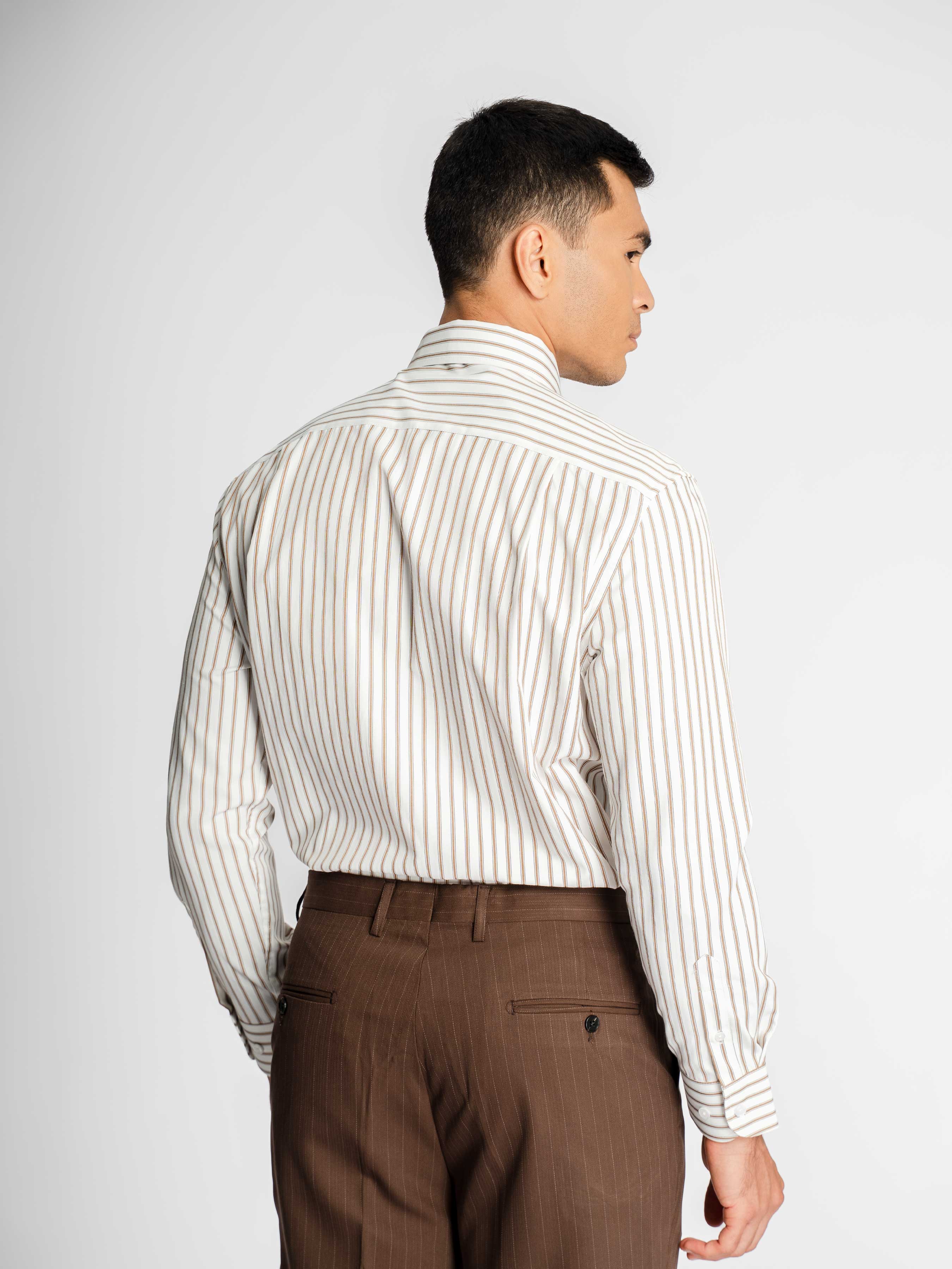 Romano Stripe Shirt – White Brown Stripe (Button-Down Collar)