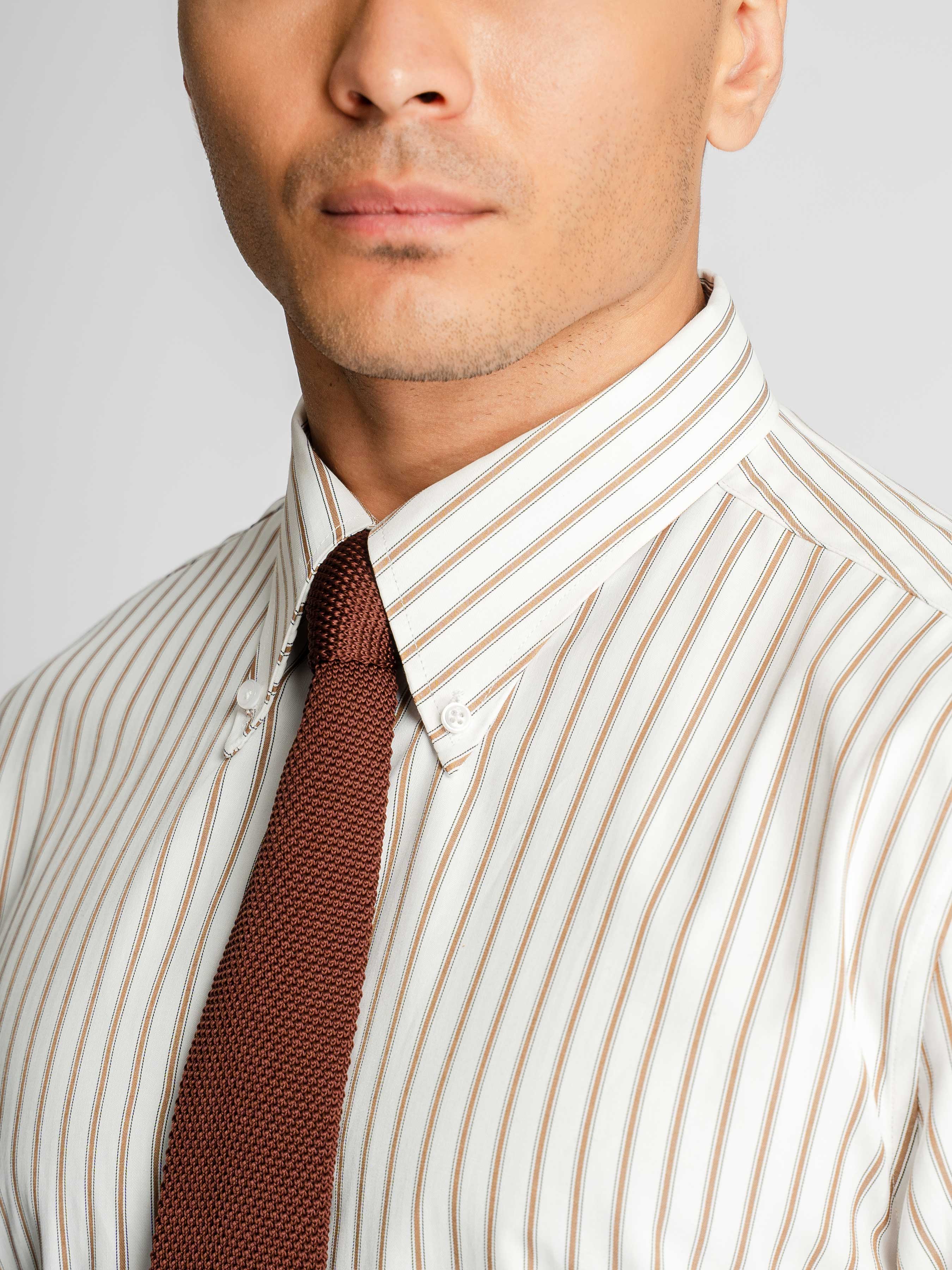 Romano Stripe Shirt – White Brown Stripe (Button-Down Collar)