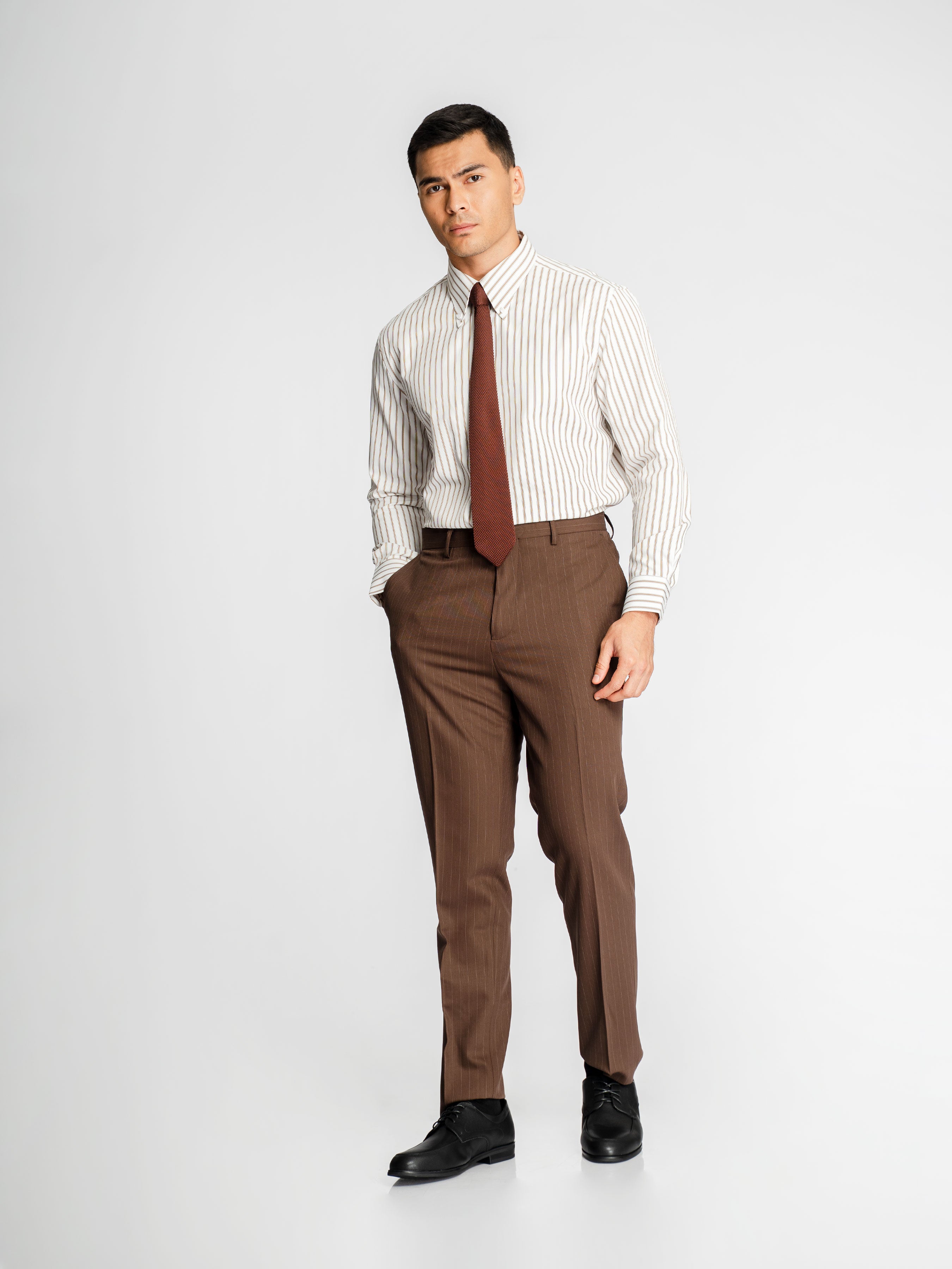 Romano Stripe Shirt – White Brown Stripe (Button-Down Collar)