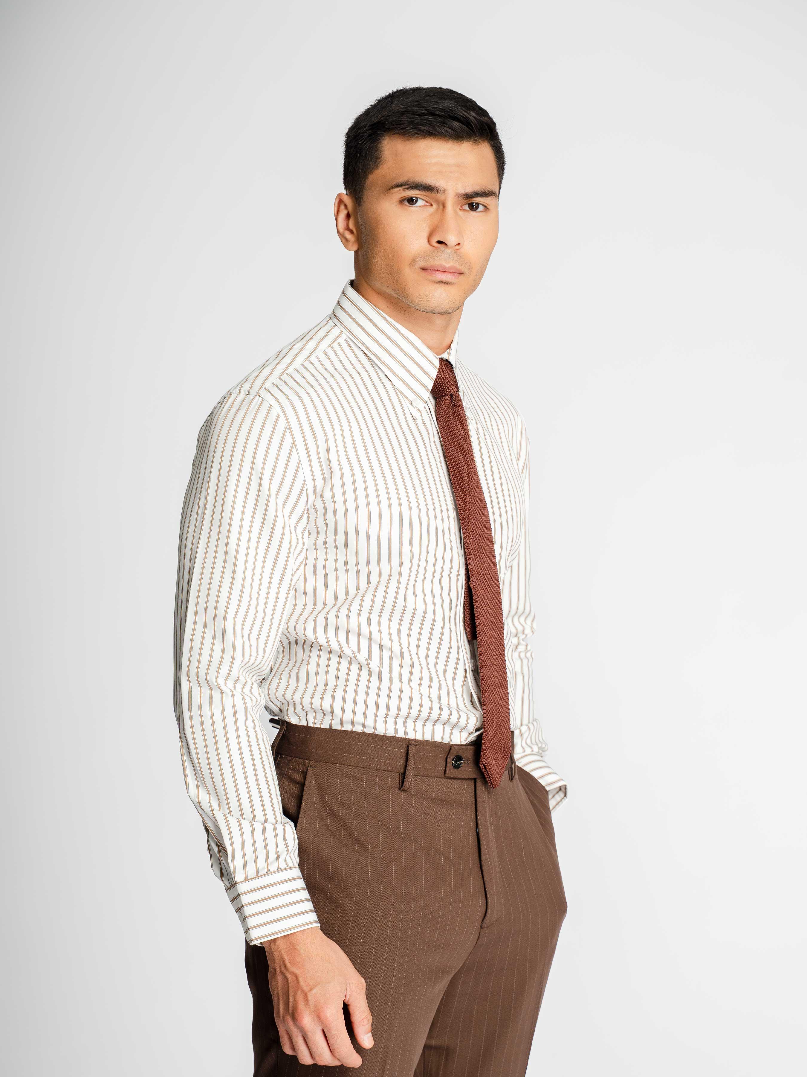 RomanoStripeShirtWhiteBrownStripe_ButtonDownCollar_Halfbody - Zeve