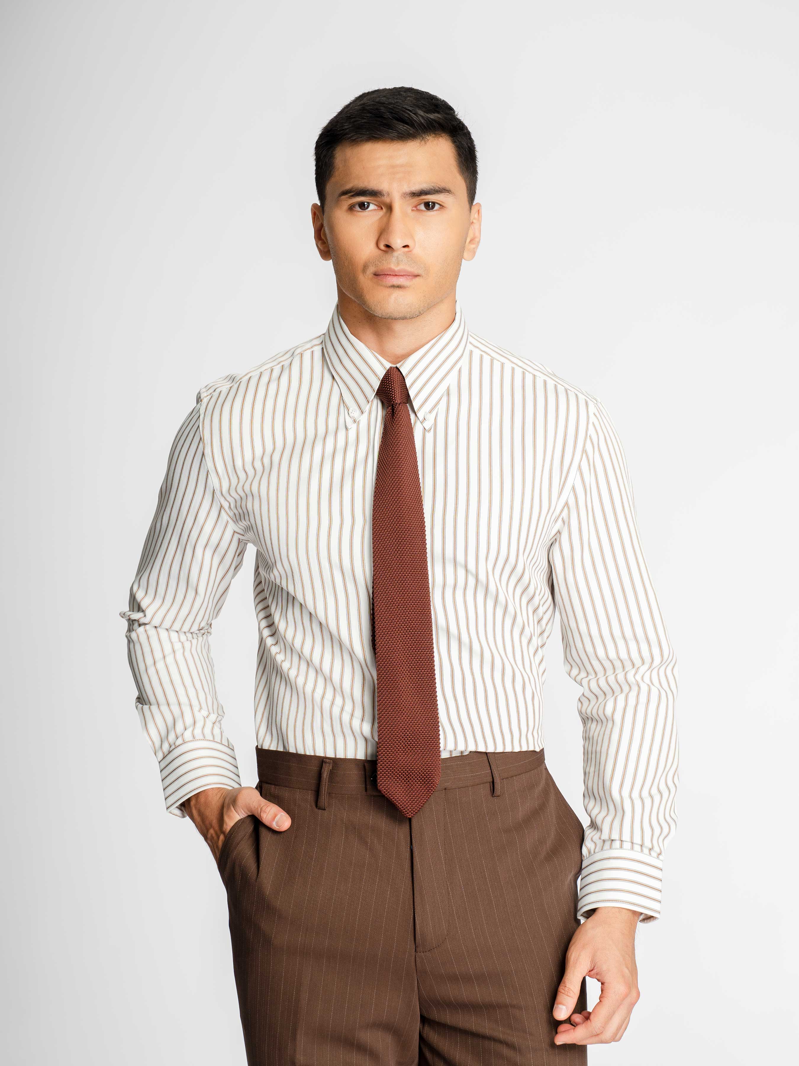Romano Stripe Shirt – White Brown Stripe (Button-Down Collar)