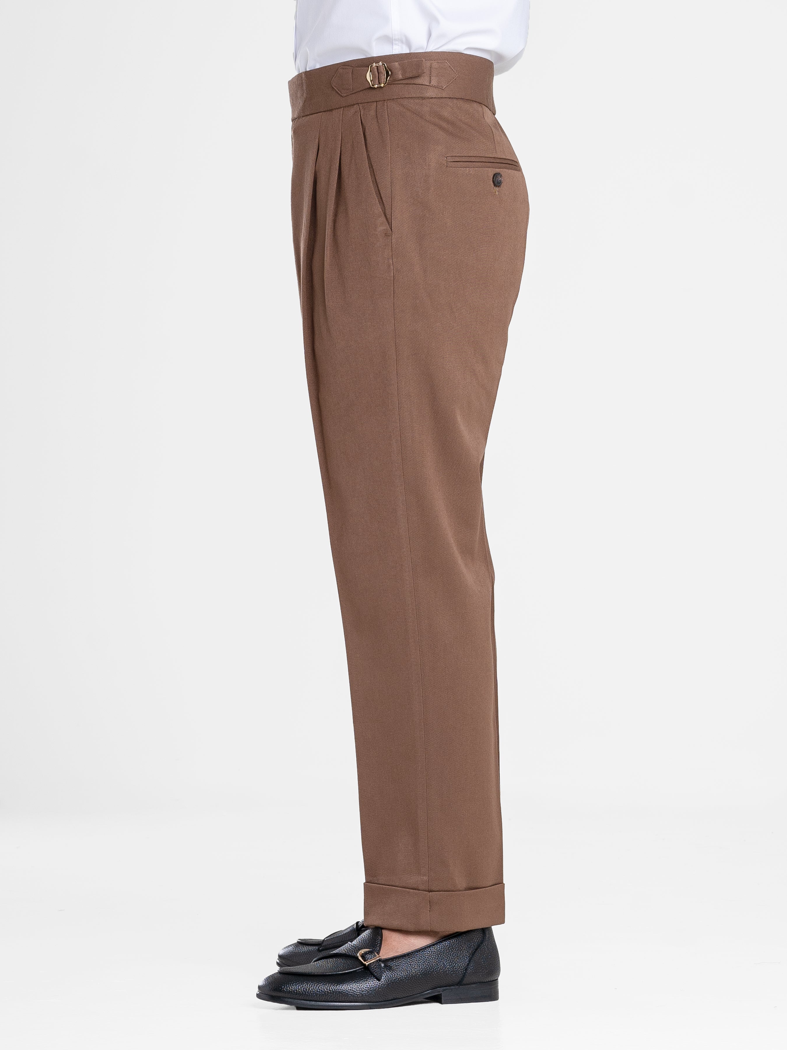 Trousers With Side Adjusters - Brown Plain Cuffed (Tapered)