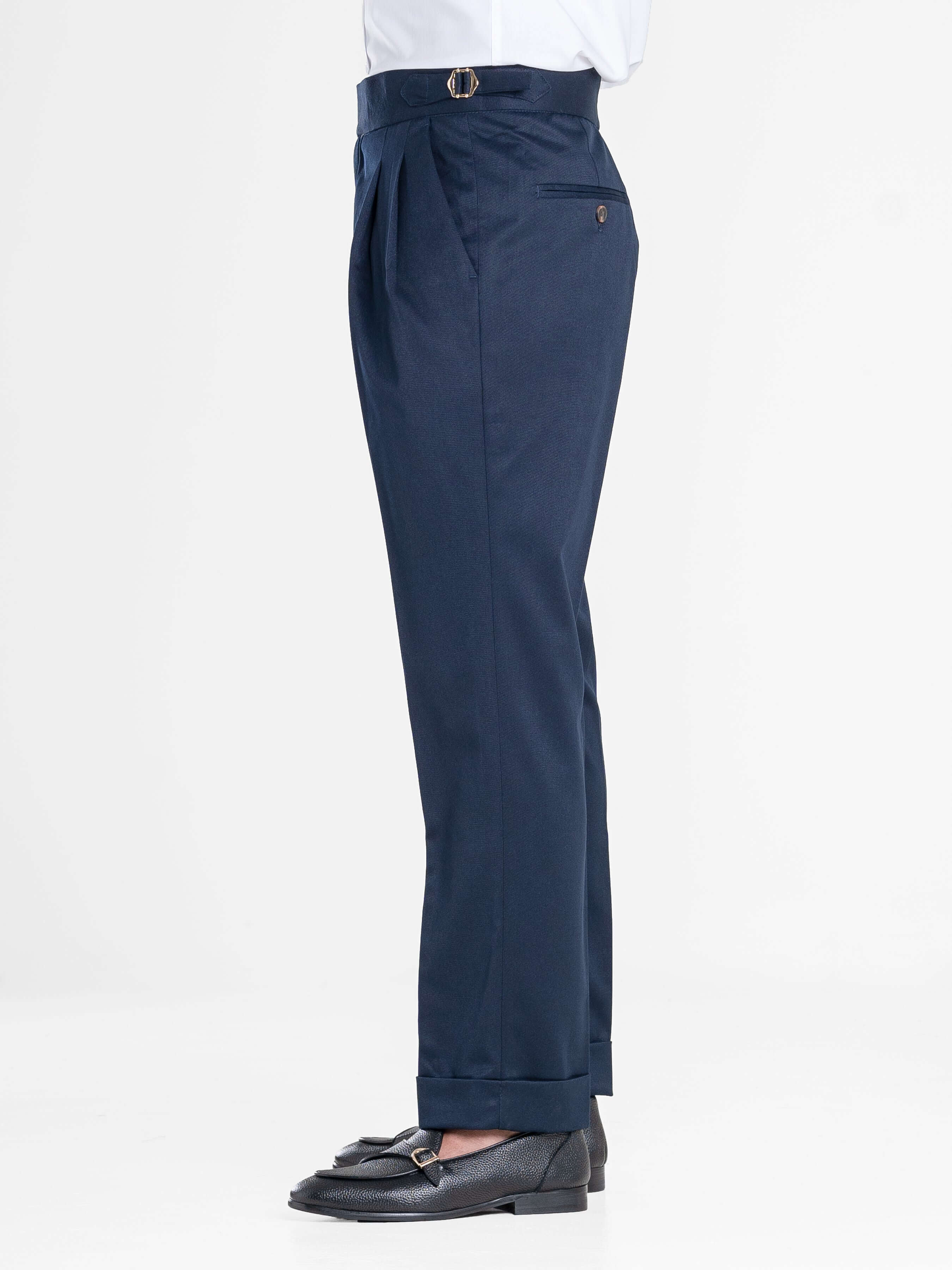 Trousers With Side Adjusters - Deep Blue Plain Cuffed (Tapered)