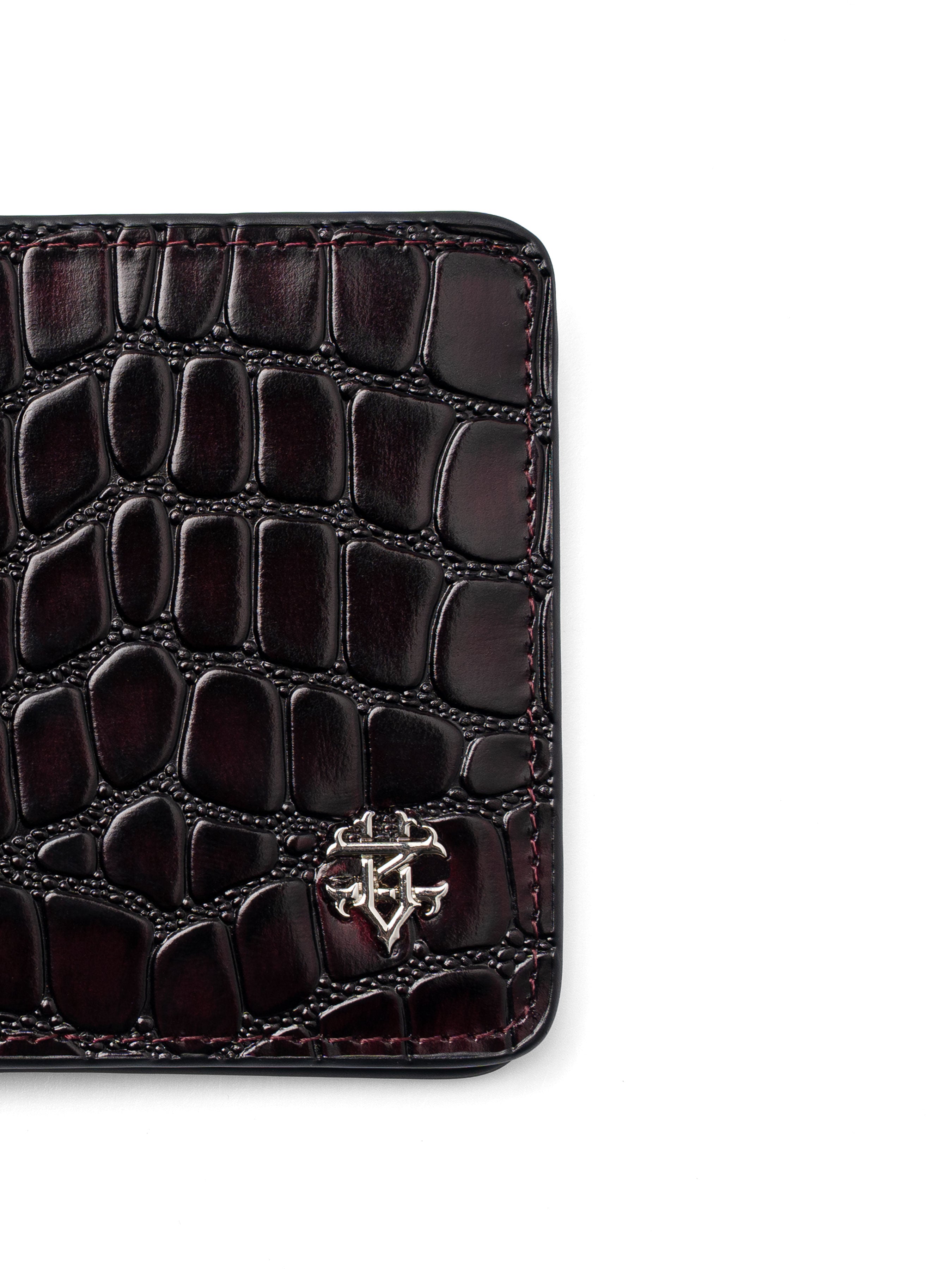 ScalatoBifoldWalletWineRedCrocoLeatherLogo - Zeve